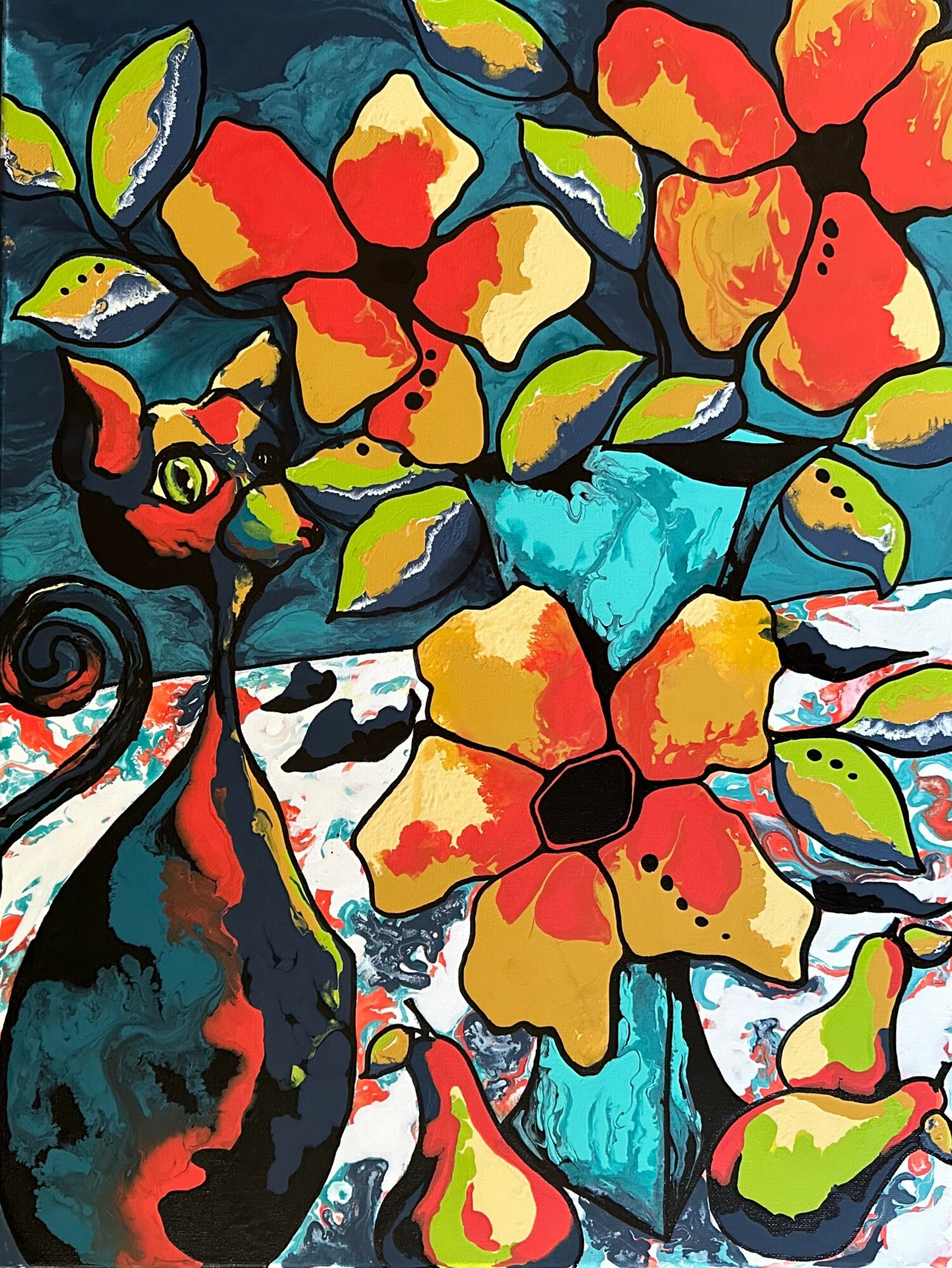 Colorful abstract painting with large orange and yellow flowers, green leaves, and a black background.