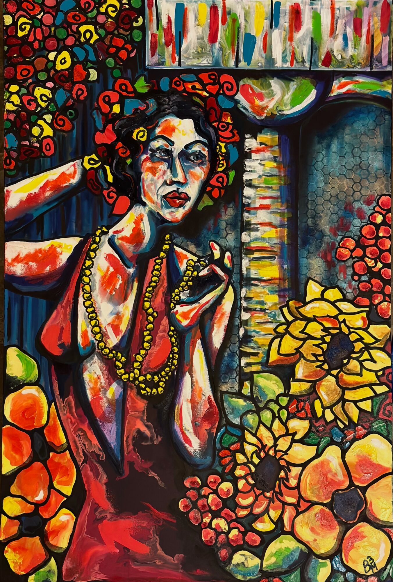 Colorful abstract painting of a woman with jewelry, surrounded by flowers and vibrant background elements.