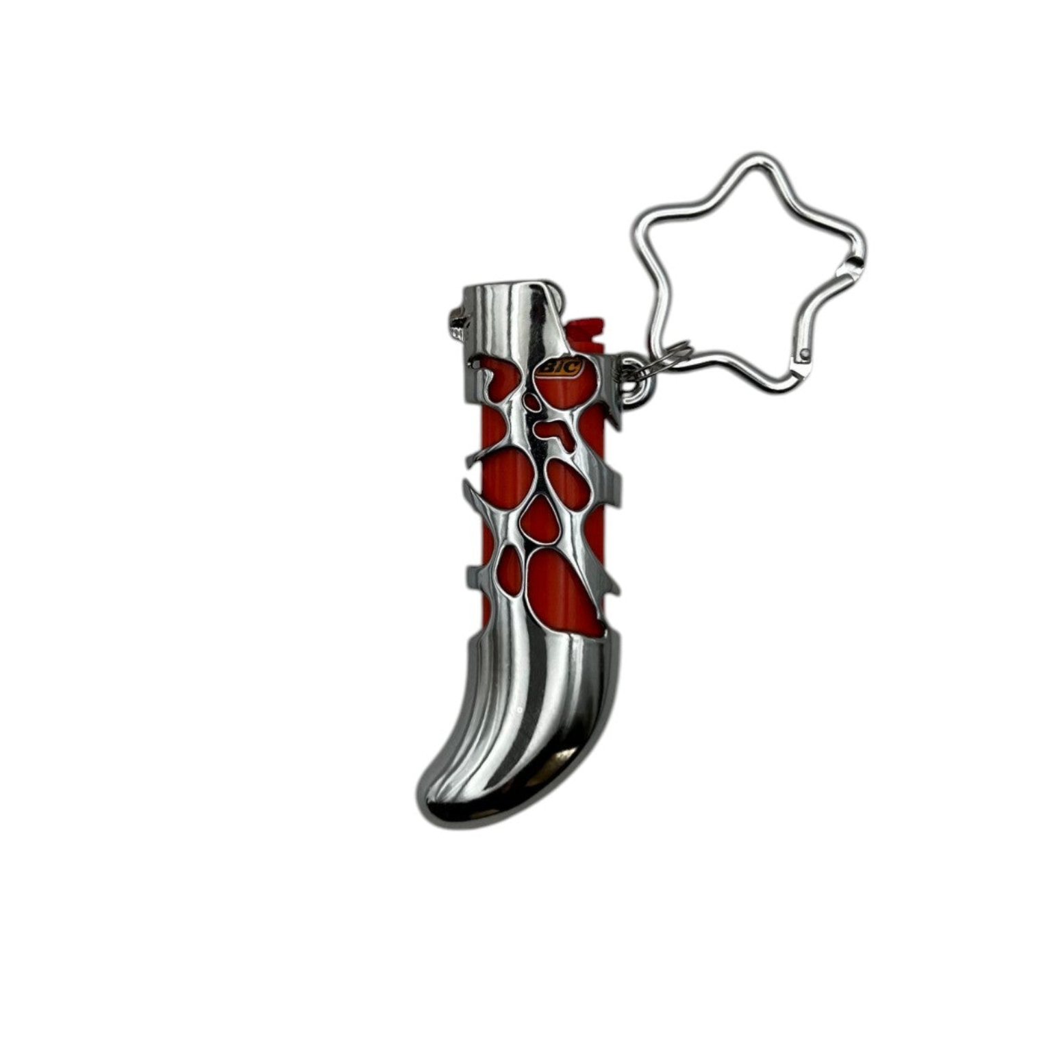 Metallic keychain with red and silver design and a star-shaped ring attachment.