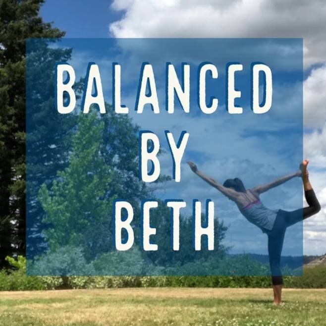 Person performing a yoga pose outdoors with trees and sky in background, overlaid with text 'Balanced by Beth'.