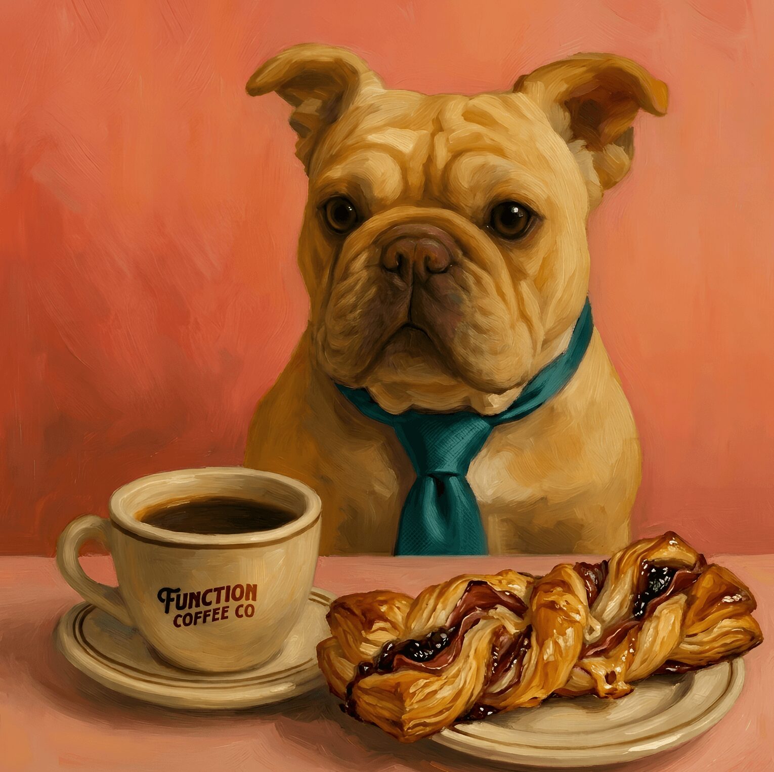 Dog wearing a tie sitting at a table with a coffee cup and pastries against a pink background.