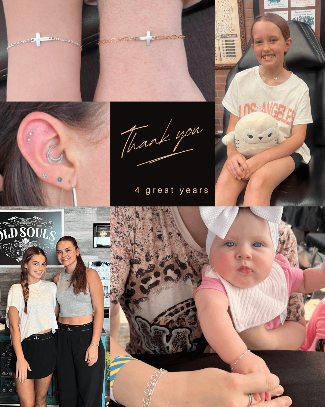 Collage of four images: bracelets on wrists, girl with plush toy, two women smiling, baby with hand on table, thank you message.