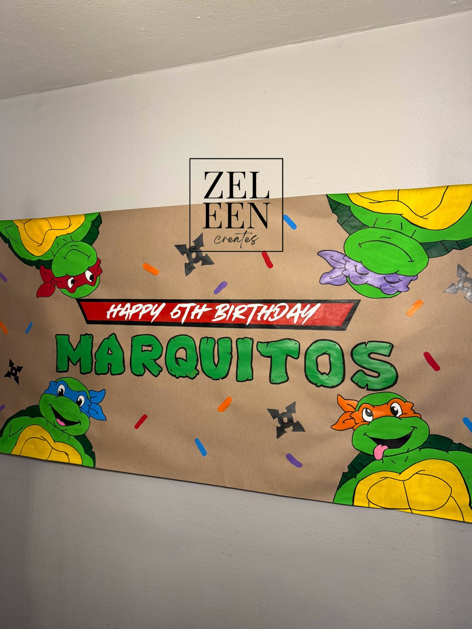 Colorful birthday banner with cartoon turtles, confetti, and text celebrating a sixth birthday.