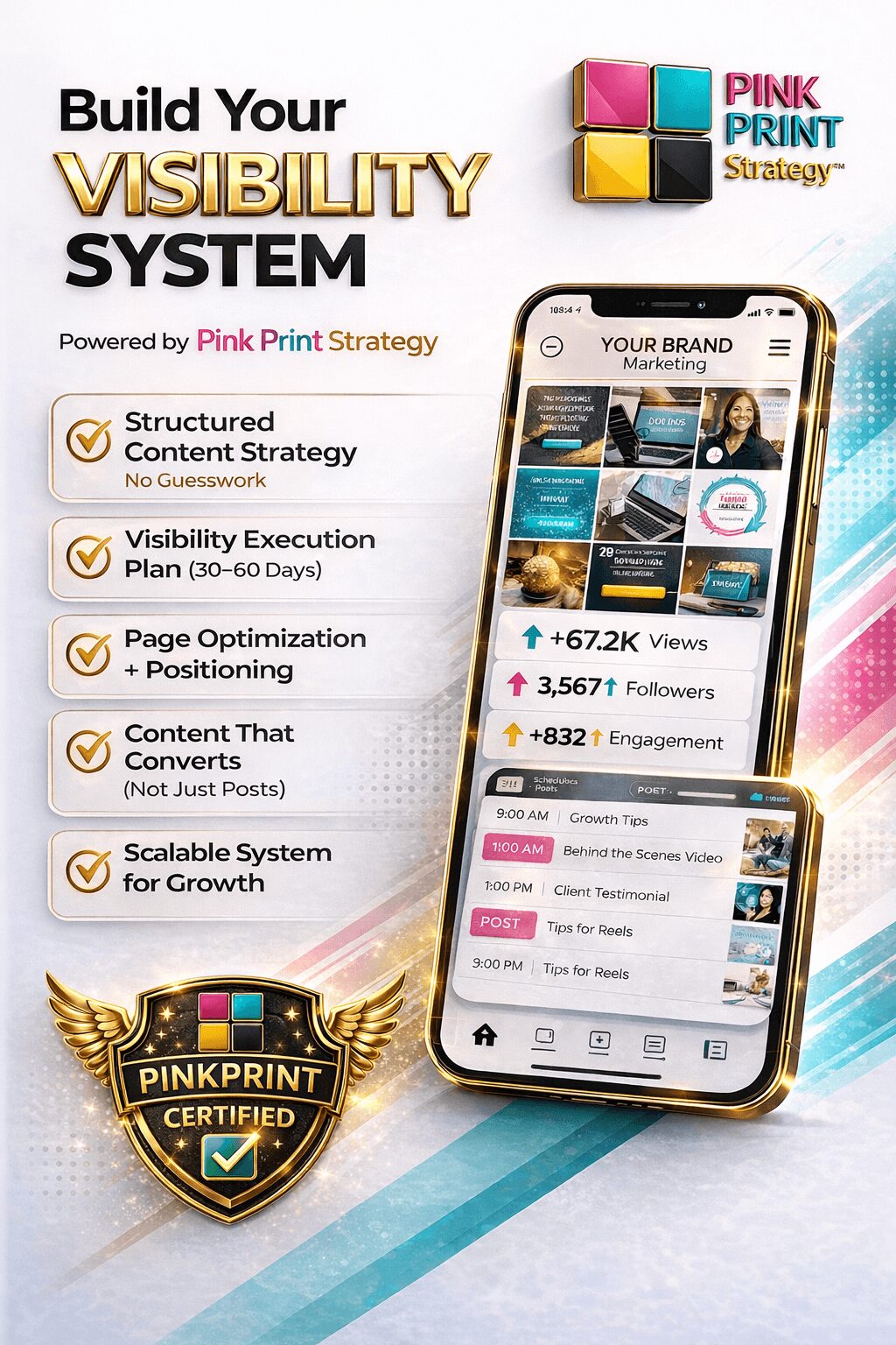 Promotional poster for Pink Print Strategy showing a smartphone with social media analytics and marketing features.