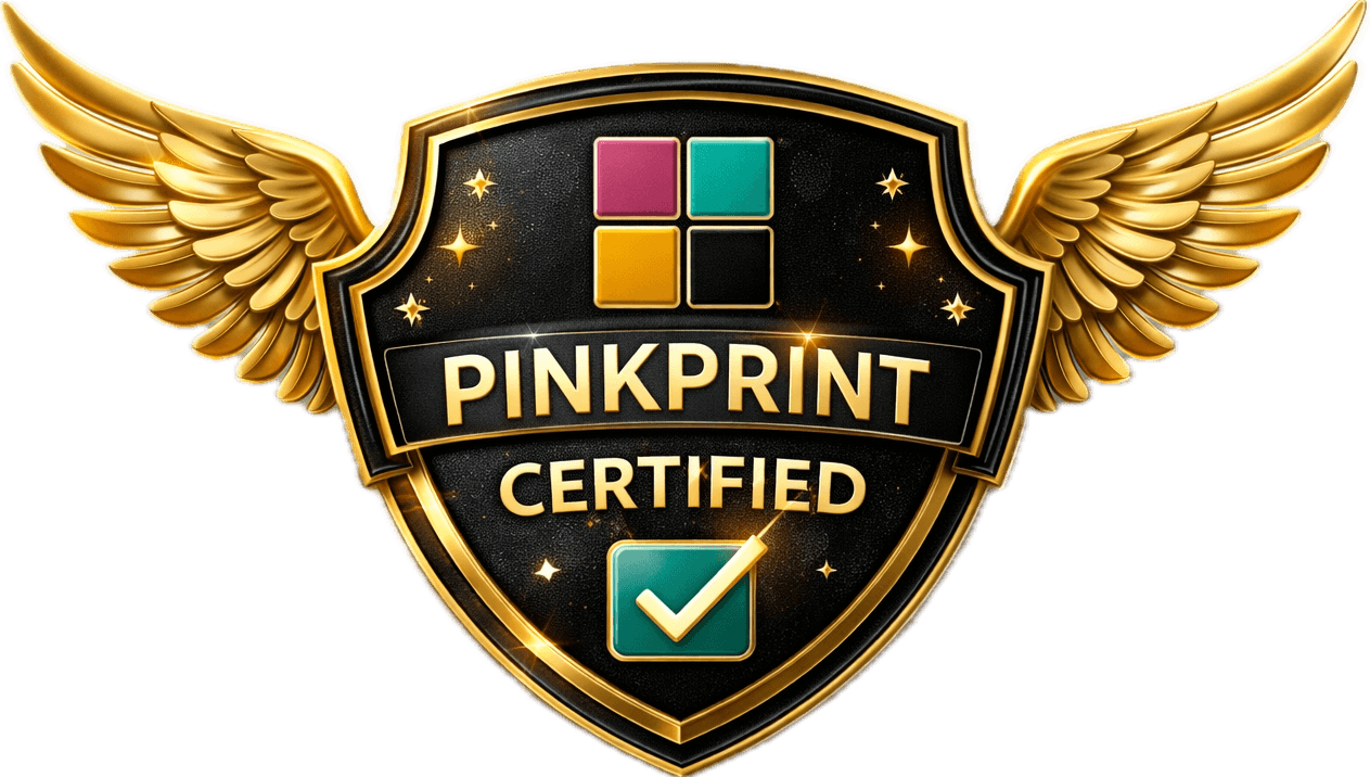 Badge with gold wings, black shield, colorful squares, and checkmark, labeled PinkPrint Certified.