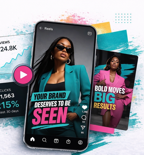 Two smartphones display social media content featuring women in colorful outfits, with graphs and bold text in the background.