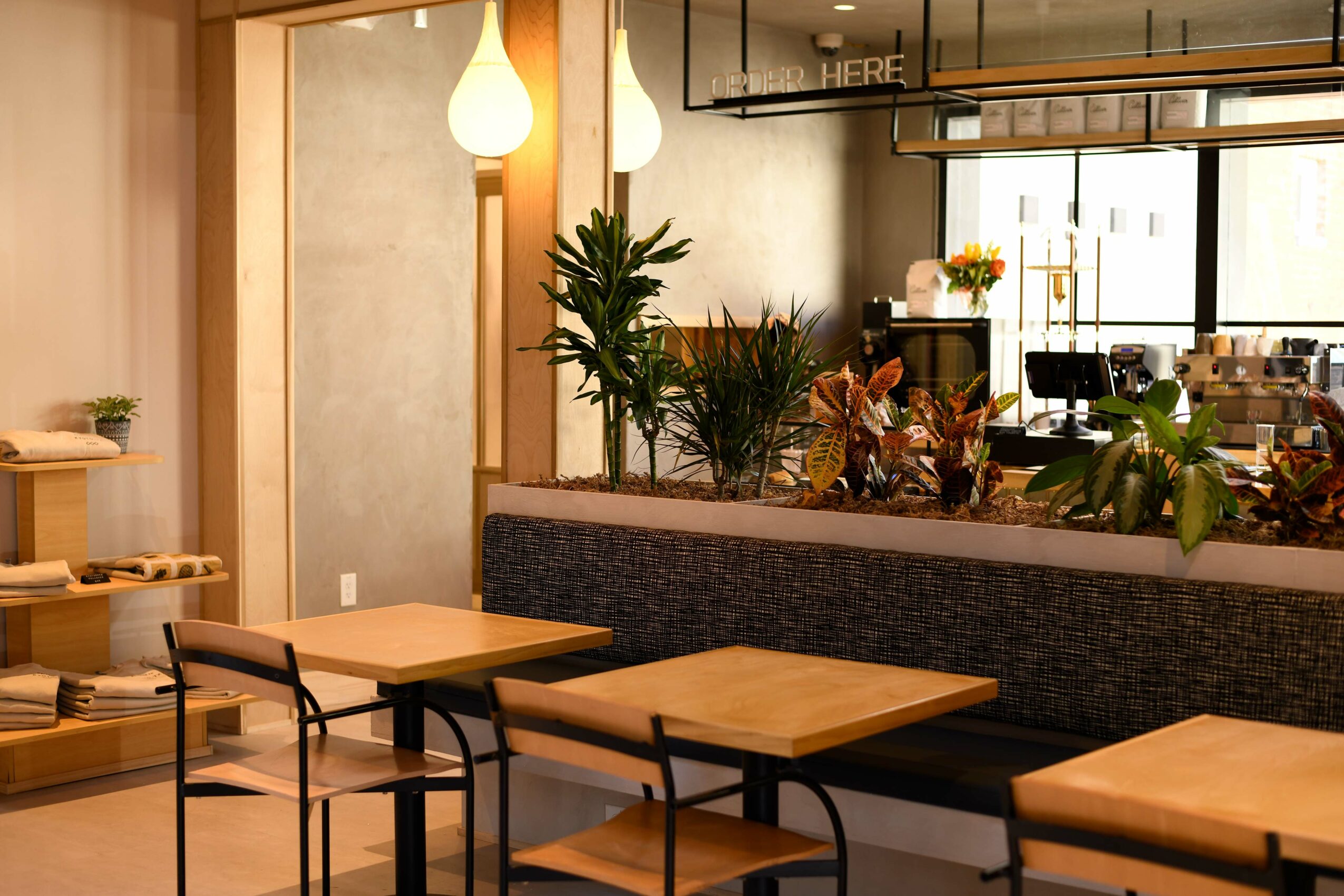Empty cafe with wooden tables, black chairs, plants, and hanging pendant lights, near large windows and a counter area.