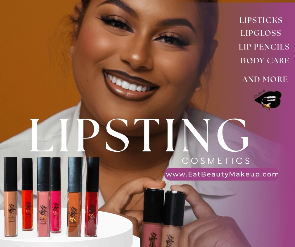 Smiling woman holding lip gloss, with lipsticks displayed in front, promoting lip products and cosmetics.