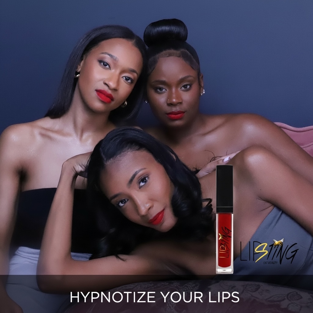 Three women with dark hair and red lipstick pose together against a dark background, with a lip gloss product in front.