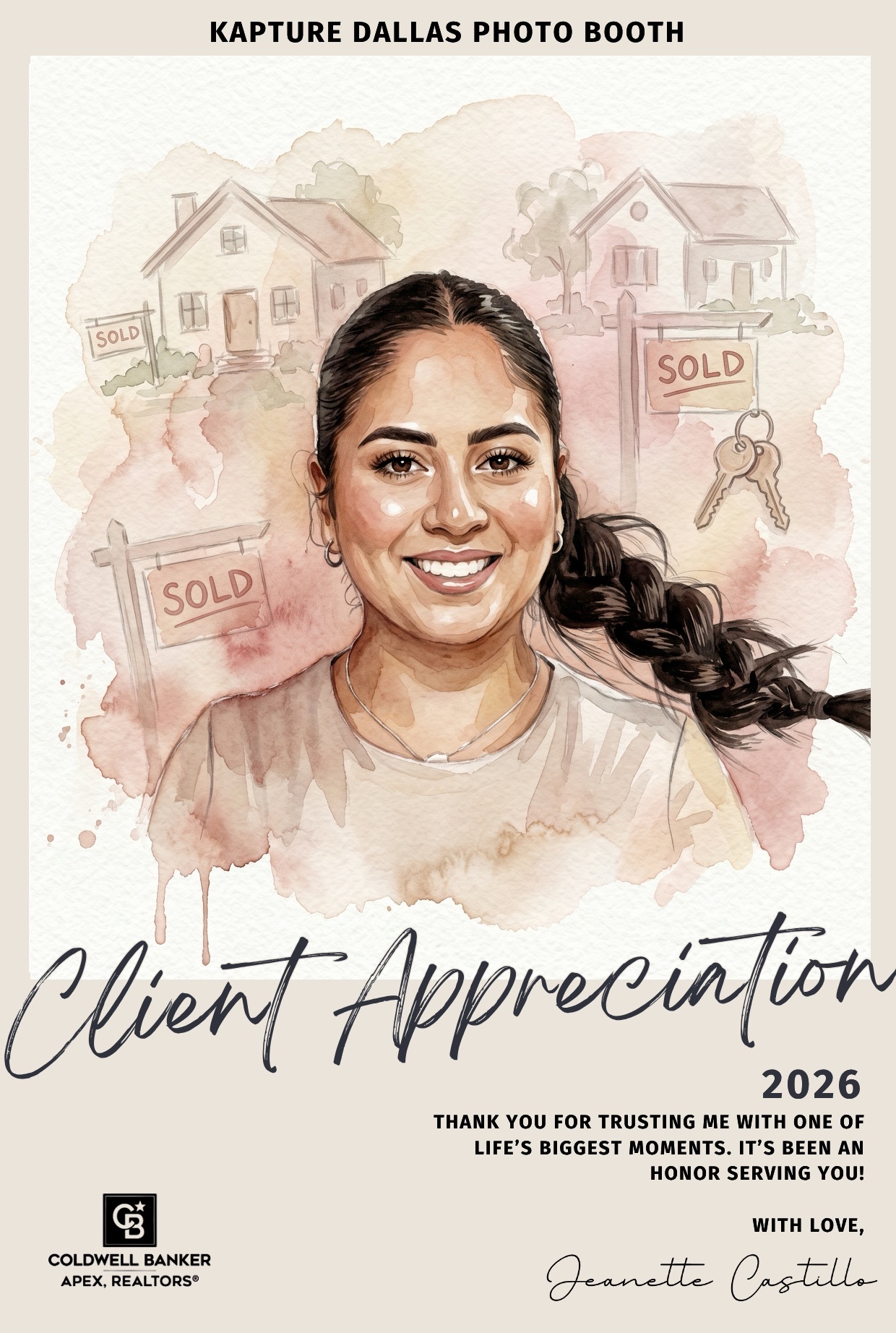 Smiling woman with braided hair in front of illustrated houses with sold signs, celebrating client appreciation.