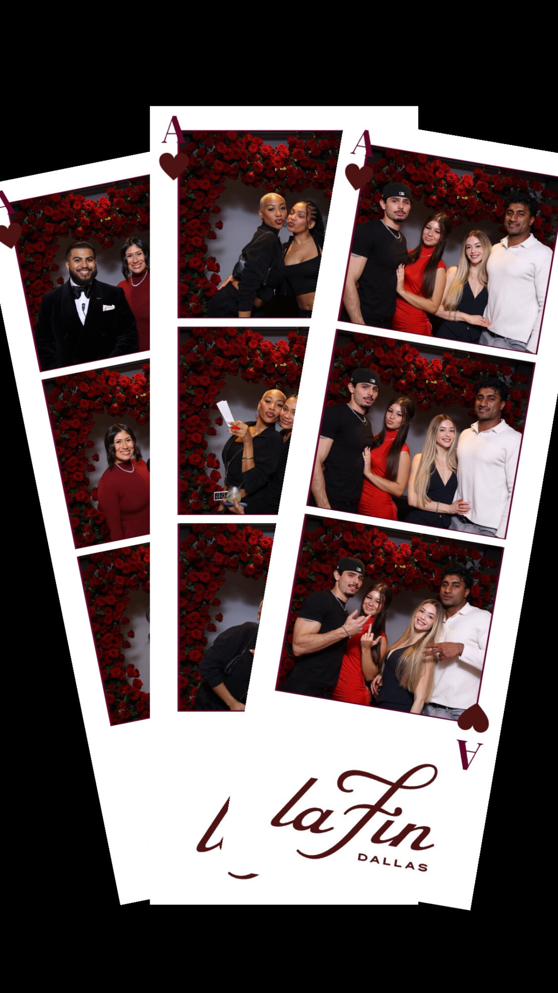 Three photo booth strips with people posing, red background, and a logo at the bottom reading 'la Fin DALLAS'.