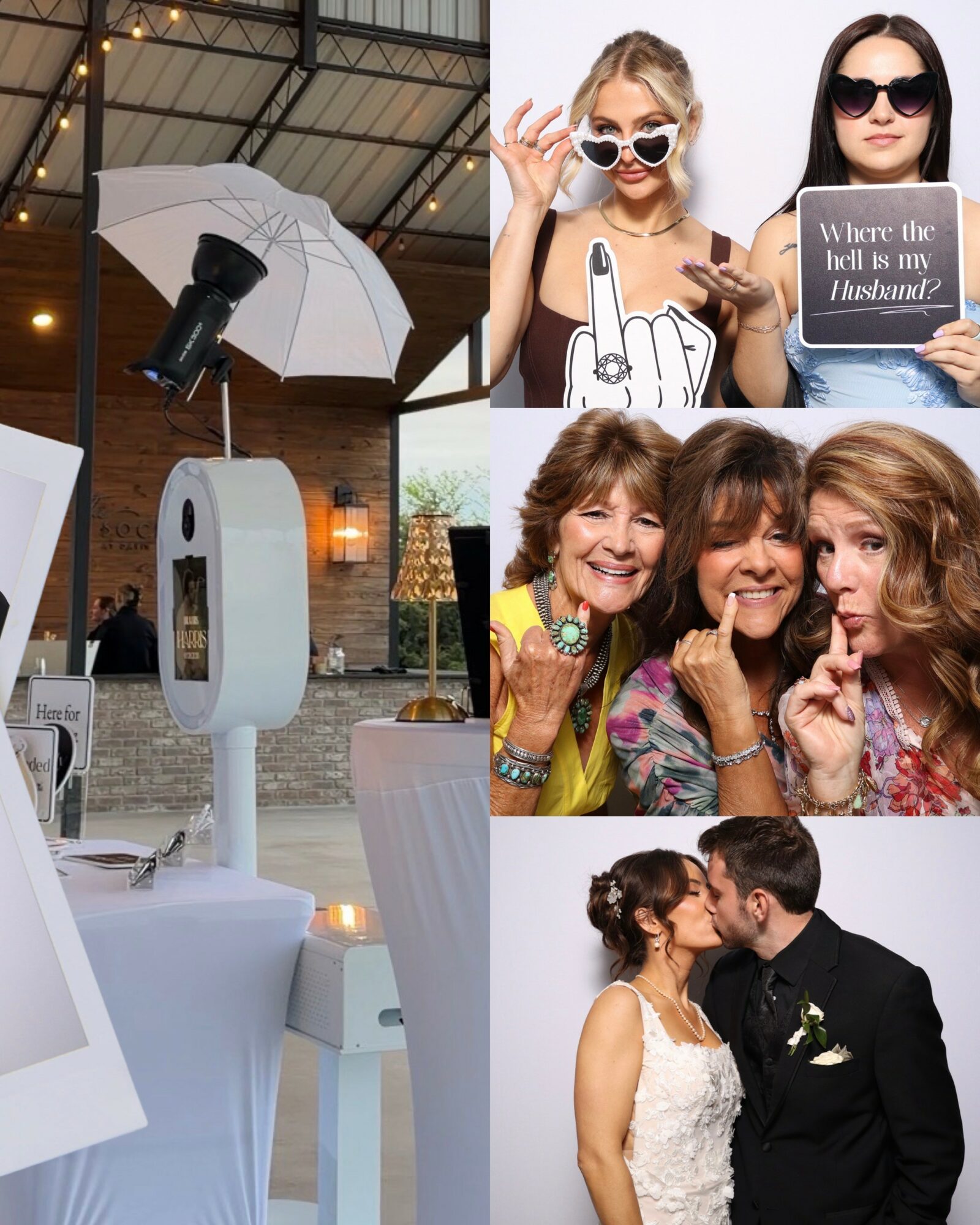 Collage of four images: camera equipment, two women with sunglasses, three women smiling, woman and man kissing.