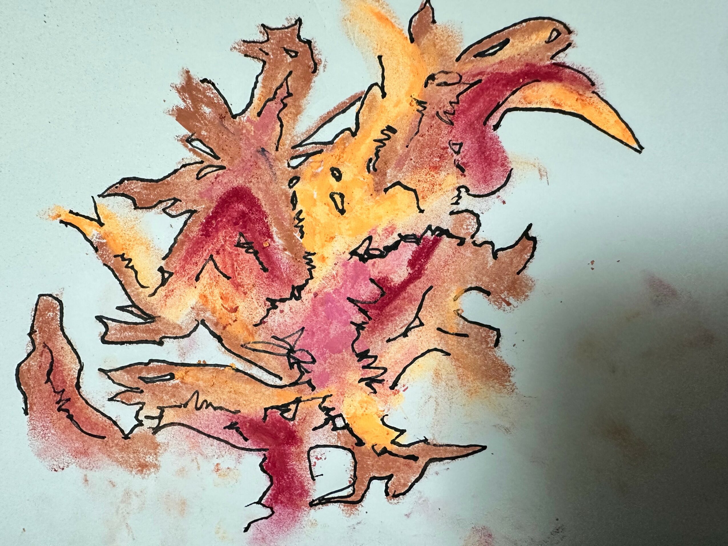Colorful, abstract drawing resembling a bird with a beak and wings, using orange, pink, and brown shades.