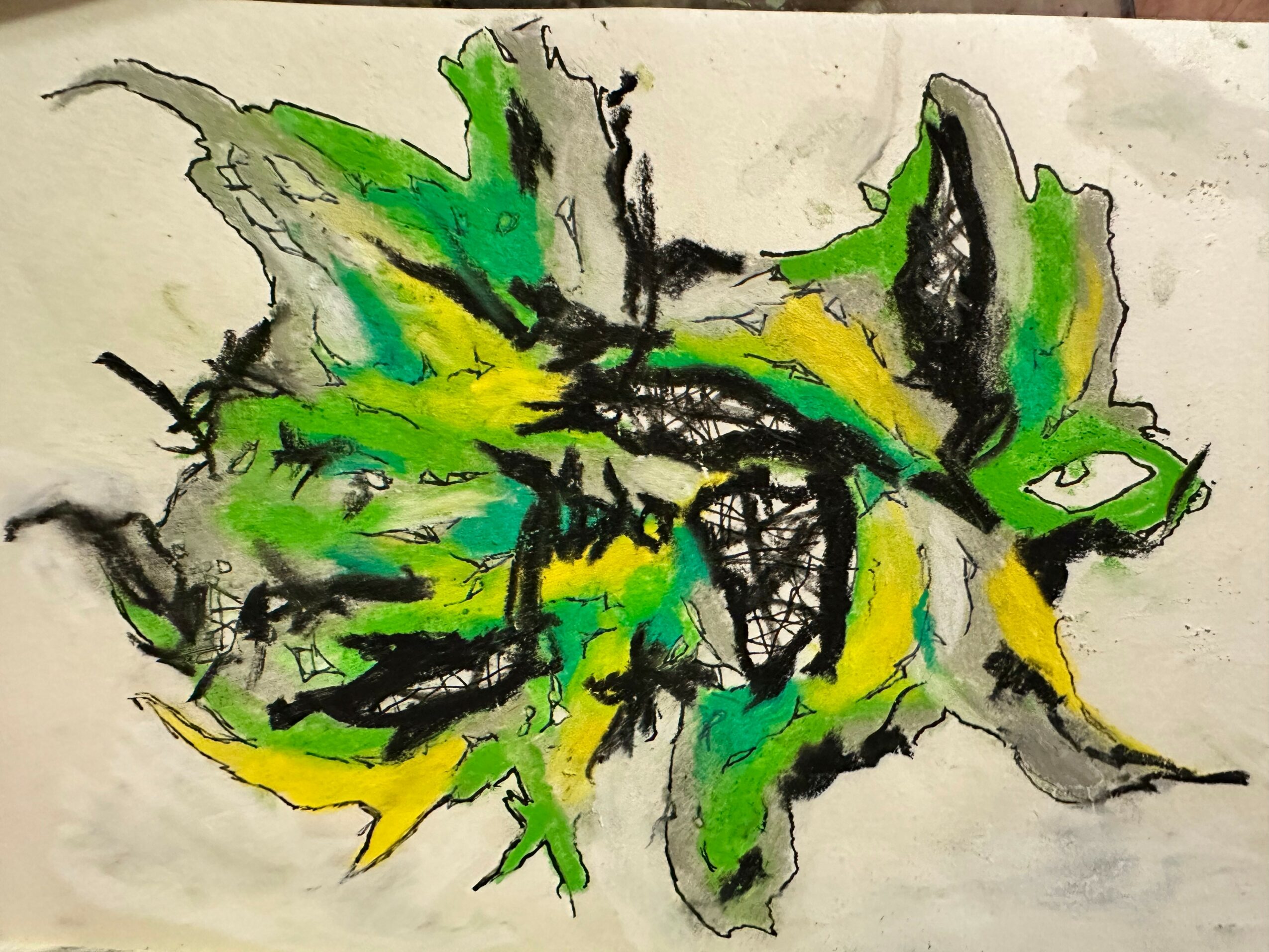 Abstract painting with green, yellow, black, and gray brushstrokes on white background.