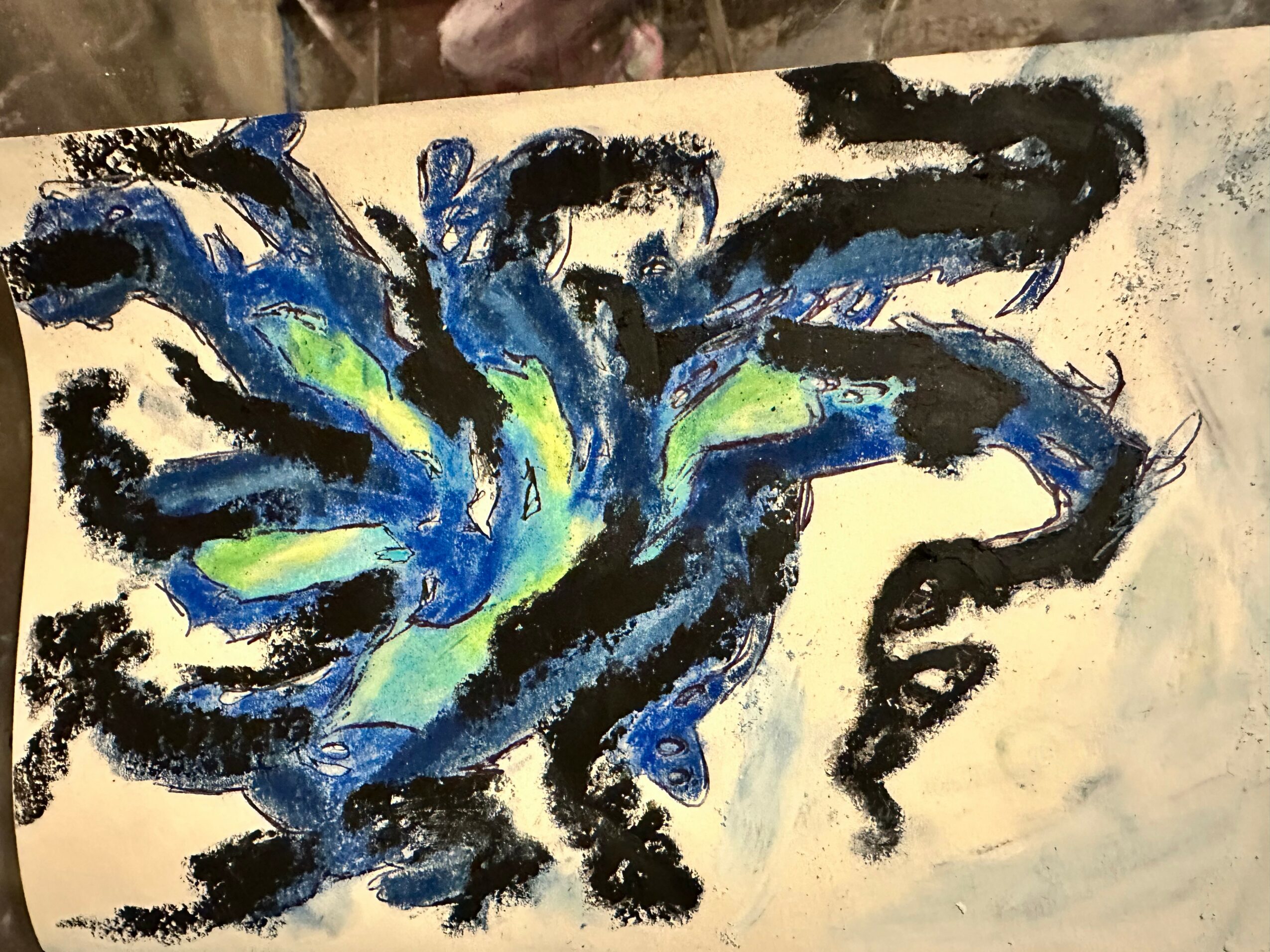 Abstract painting with blue, green, and black brushstrokes on a light background.