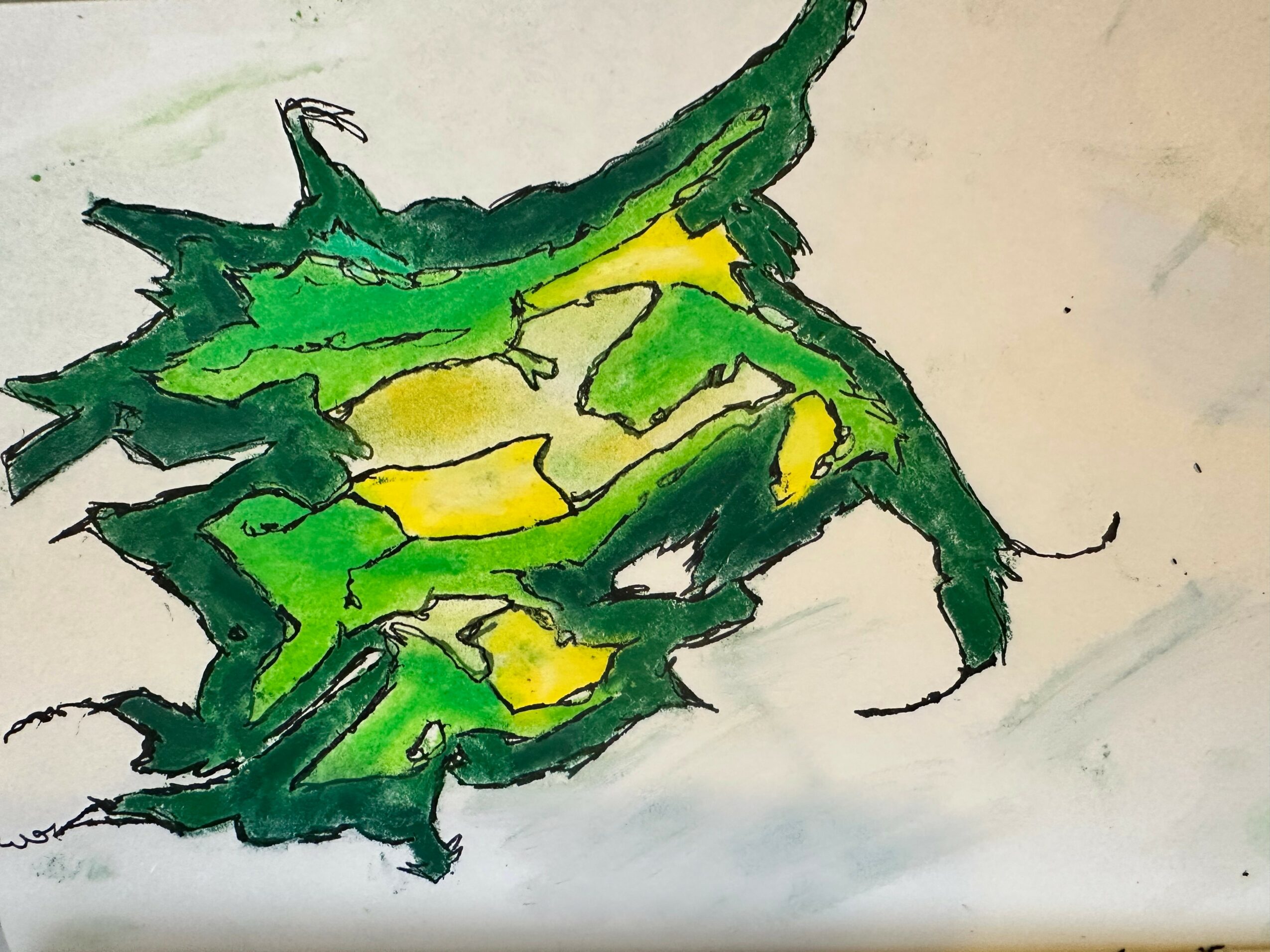 Abstract green and yellow shapes with black outlines on a light background.