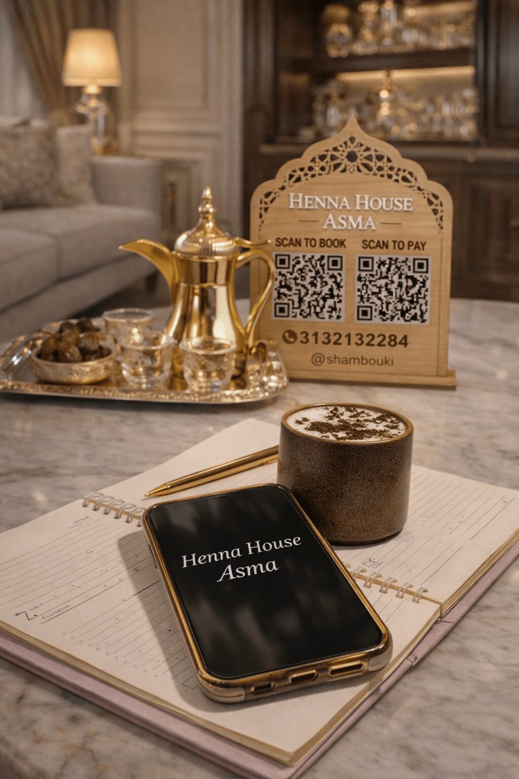 Table with a smartphone, a chocolate cake, a notebook, and a sign with QR codes and contact information in a cozy room.