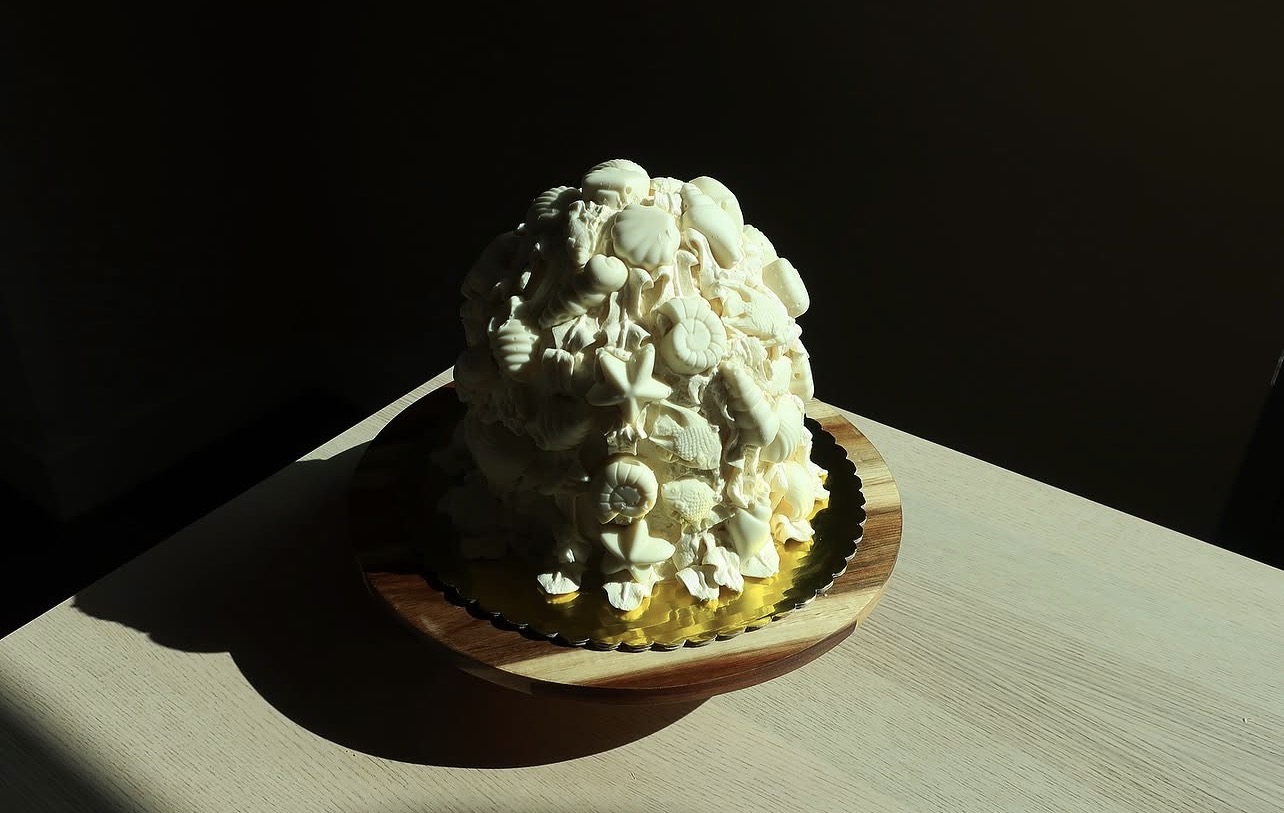 A white, textured cake on a wooden plate, placed on a light-colored surface with a dark background.