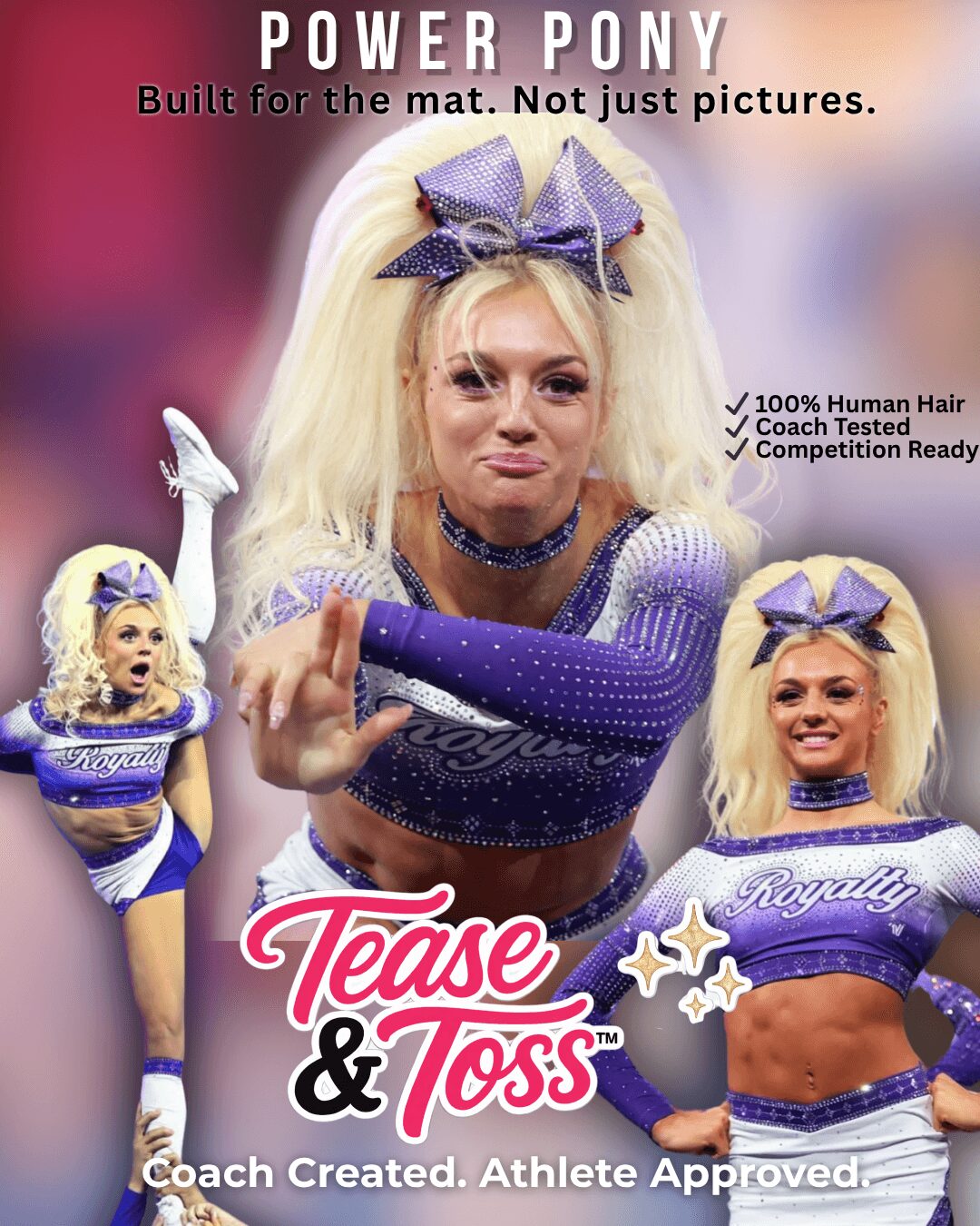 Young woman with blonde hair and purple bow, wearing purple crop top, smiling, with two smaller images of her in cheerleading outfits.