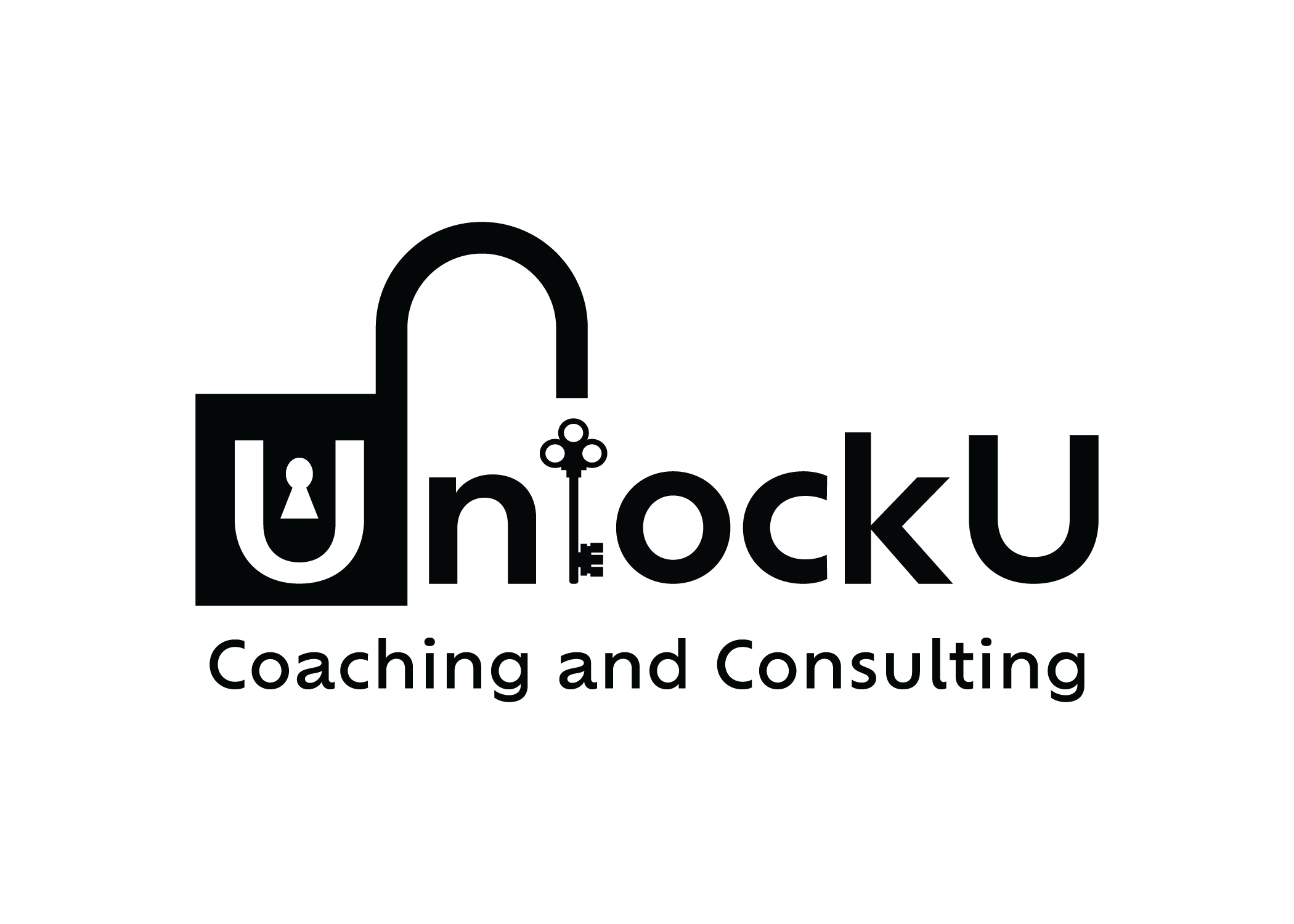 Logo with a padlock shape and text, partially visible, for coaching and consulting services.