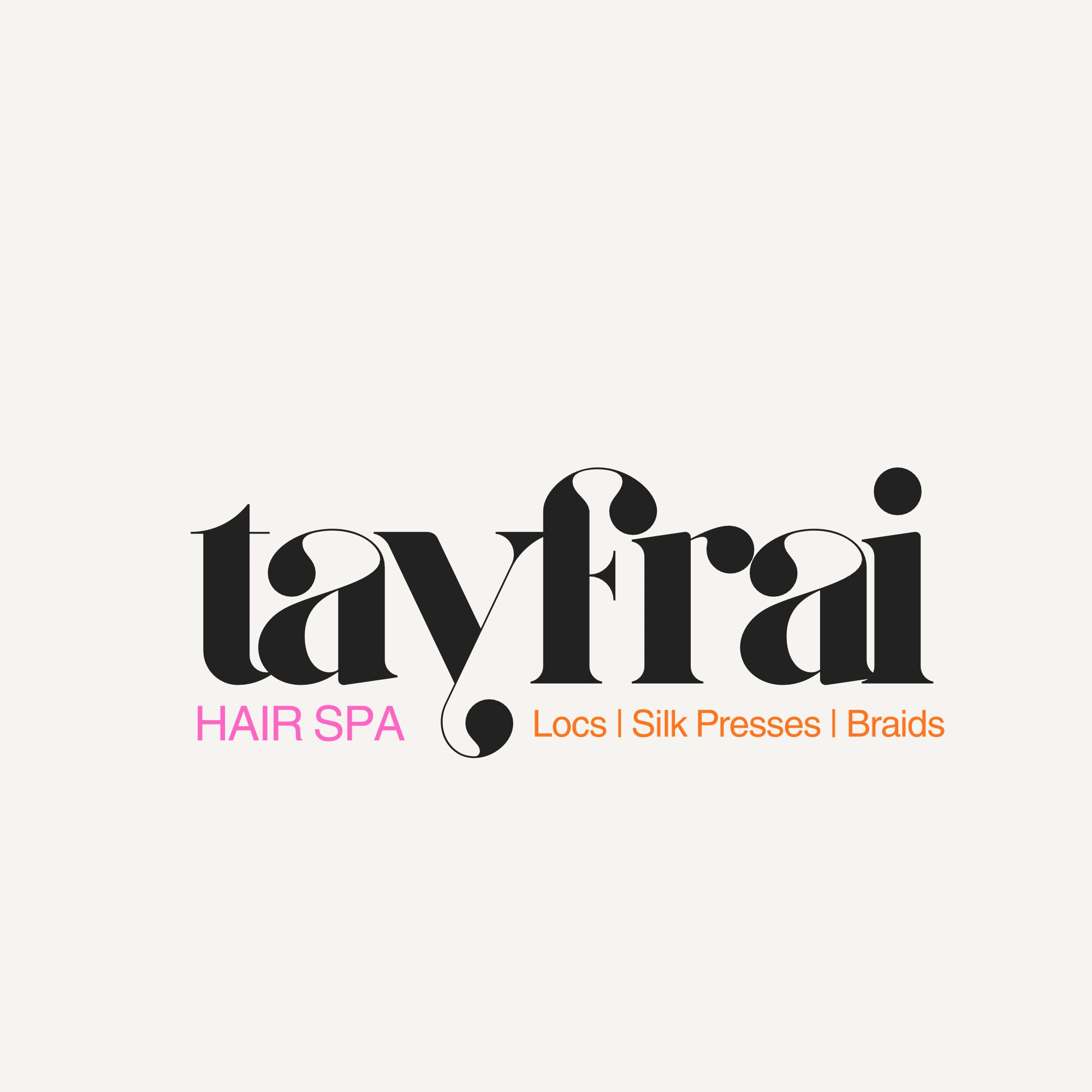 Logo with the name 'tayfai' and text 'HAIR SPA' with services listed below.