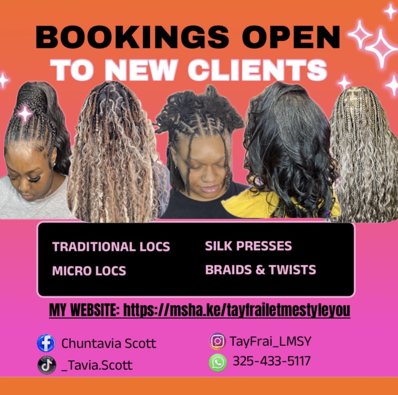 Advertisement for hair styling services with images of women with various hairstyles, pink background, and contact information.