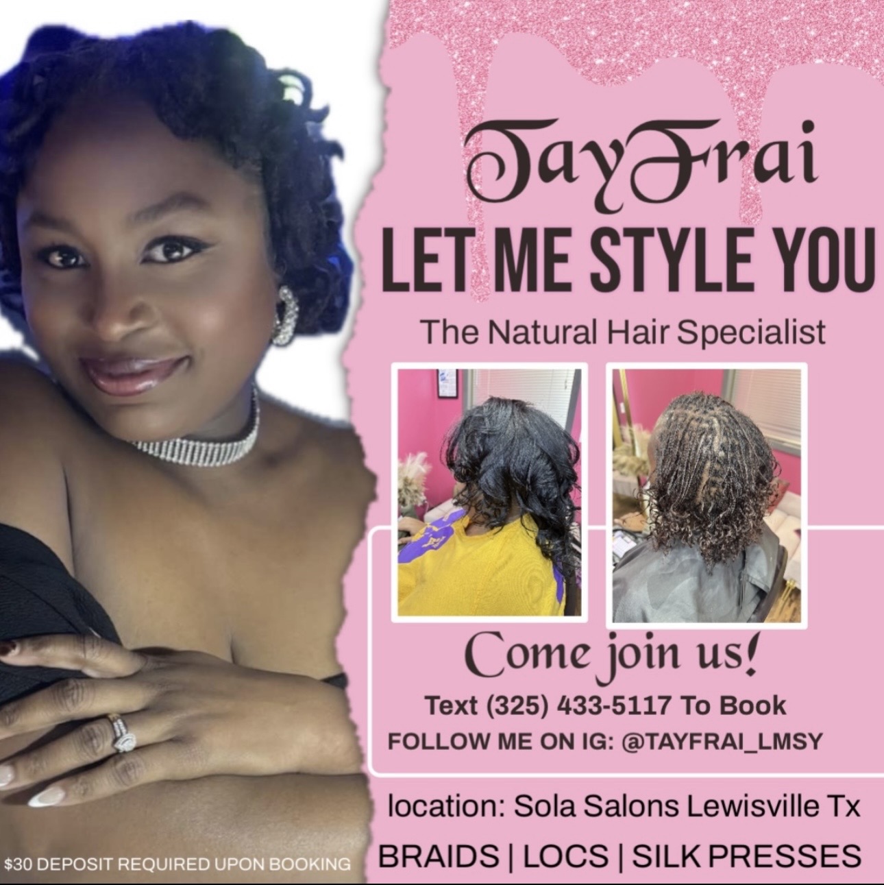 Young girl with styled hair, smiling, wearing a necklace, with promotional text for hair styling services and contact details.