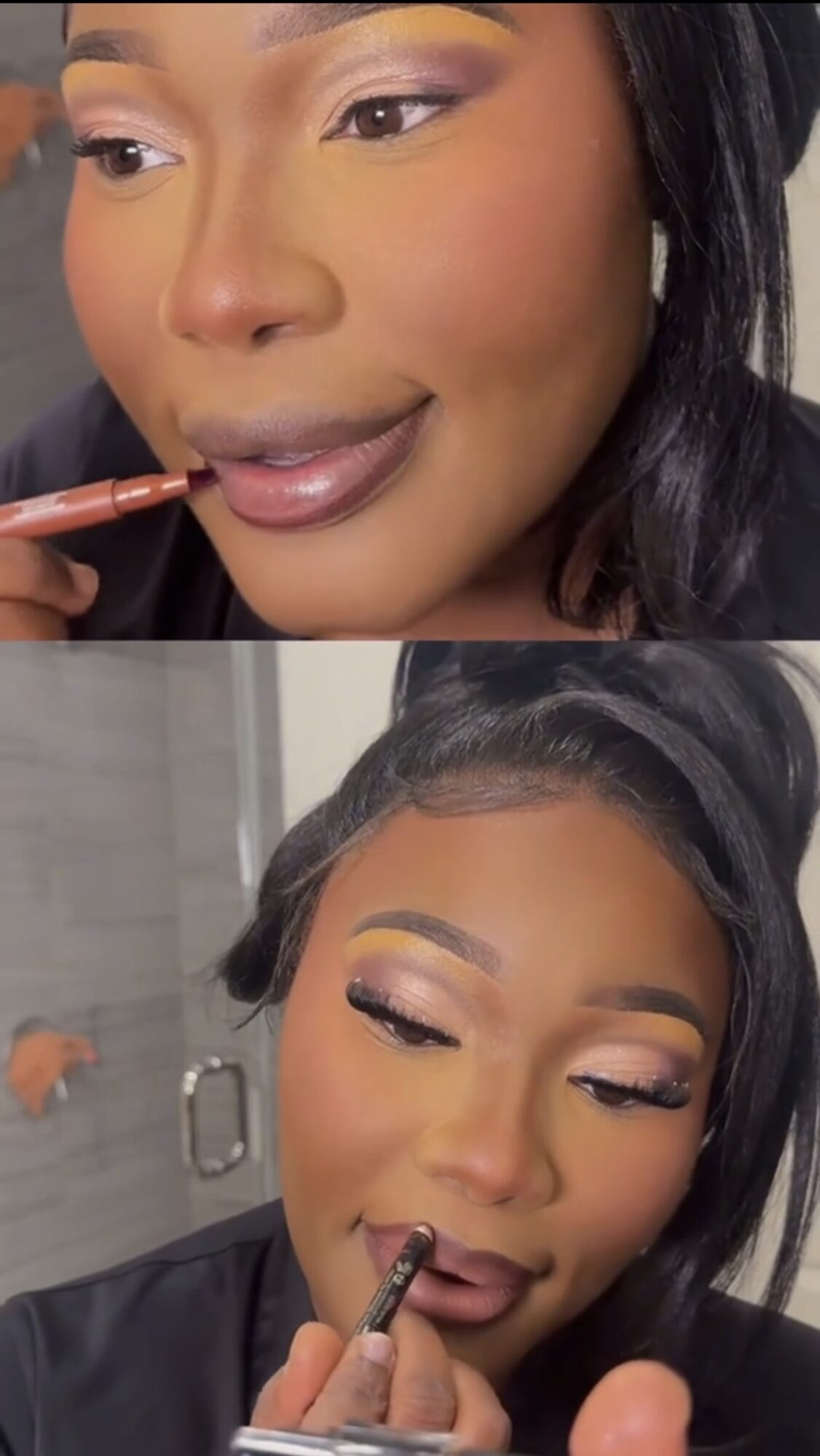 Two women applying lipstick, one smiling and the other with eyes closed, in close-up shots.