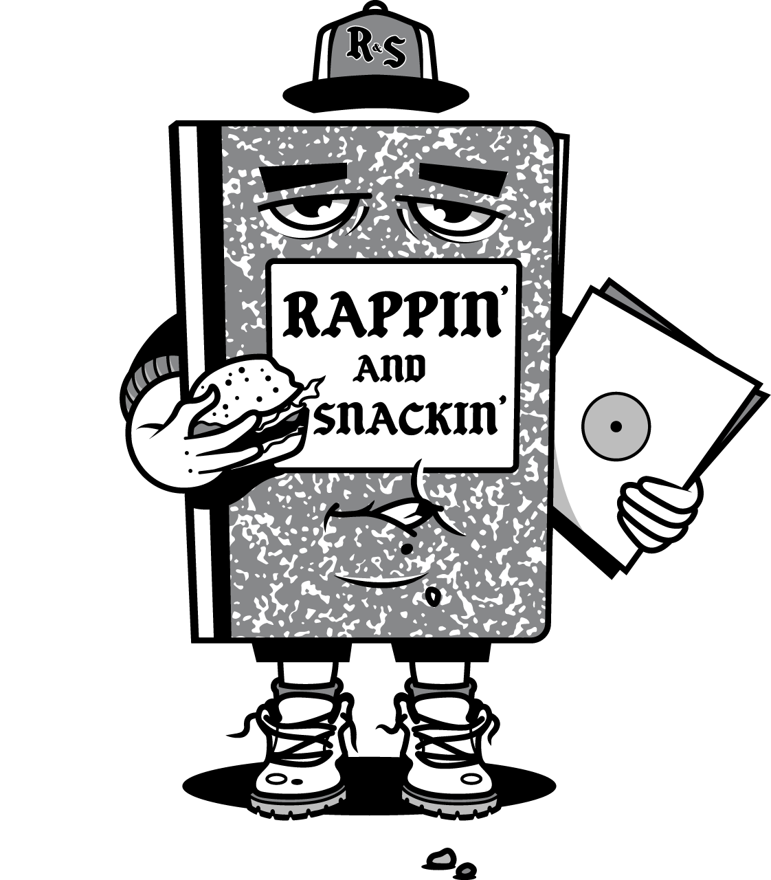 Cartoon book character with a cap, holding a sandwich and a record, with a tired expression.
