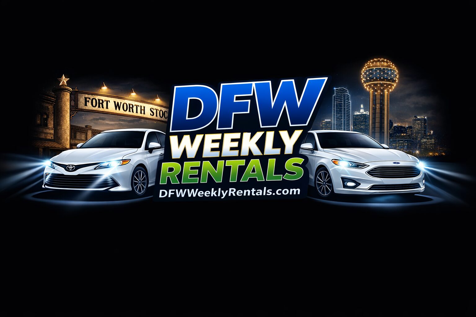 Two white cars in front of a cityscape with a sign reading Fort Worth and a tall tower, promotional text for DFW Weekly Rentals.