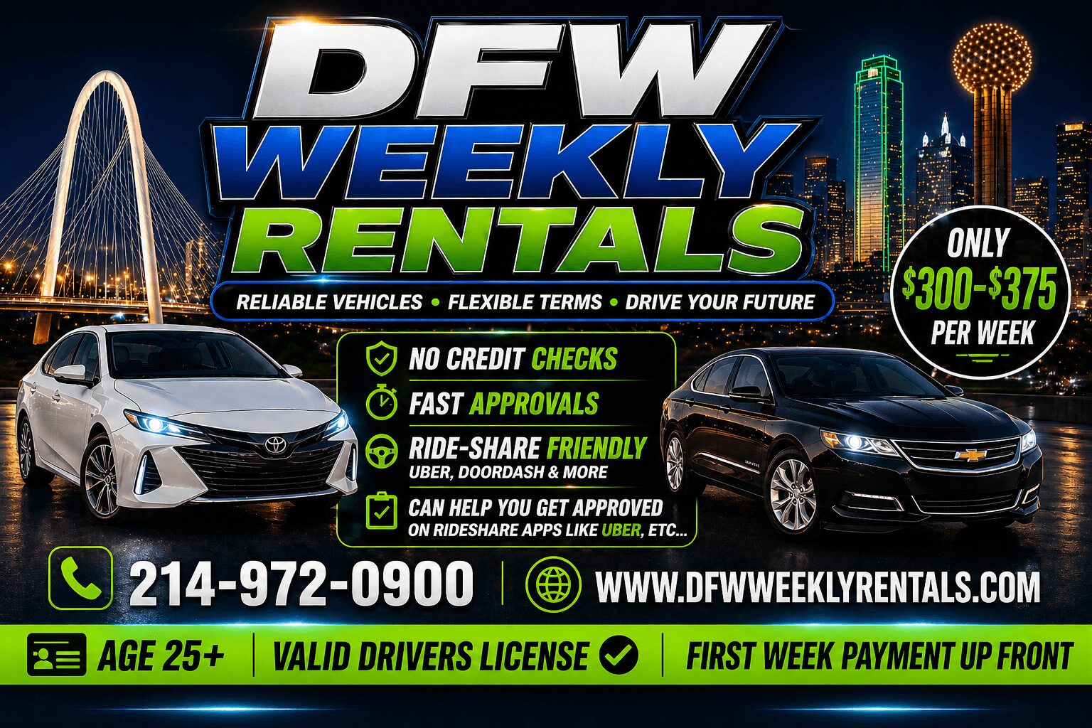 Advertisement for DFW Weekly Rentals featuring two cars, contact number, website, and rental details.