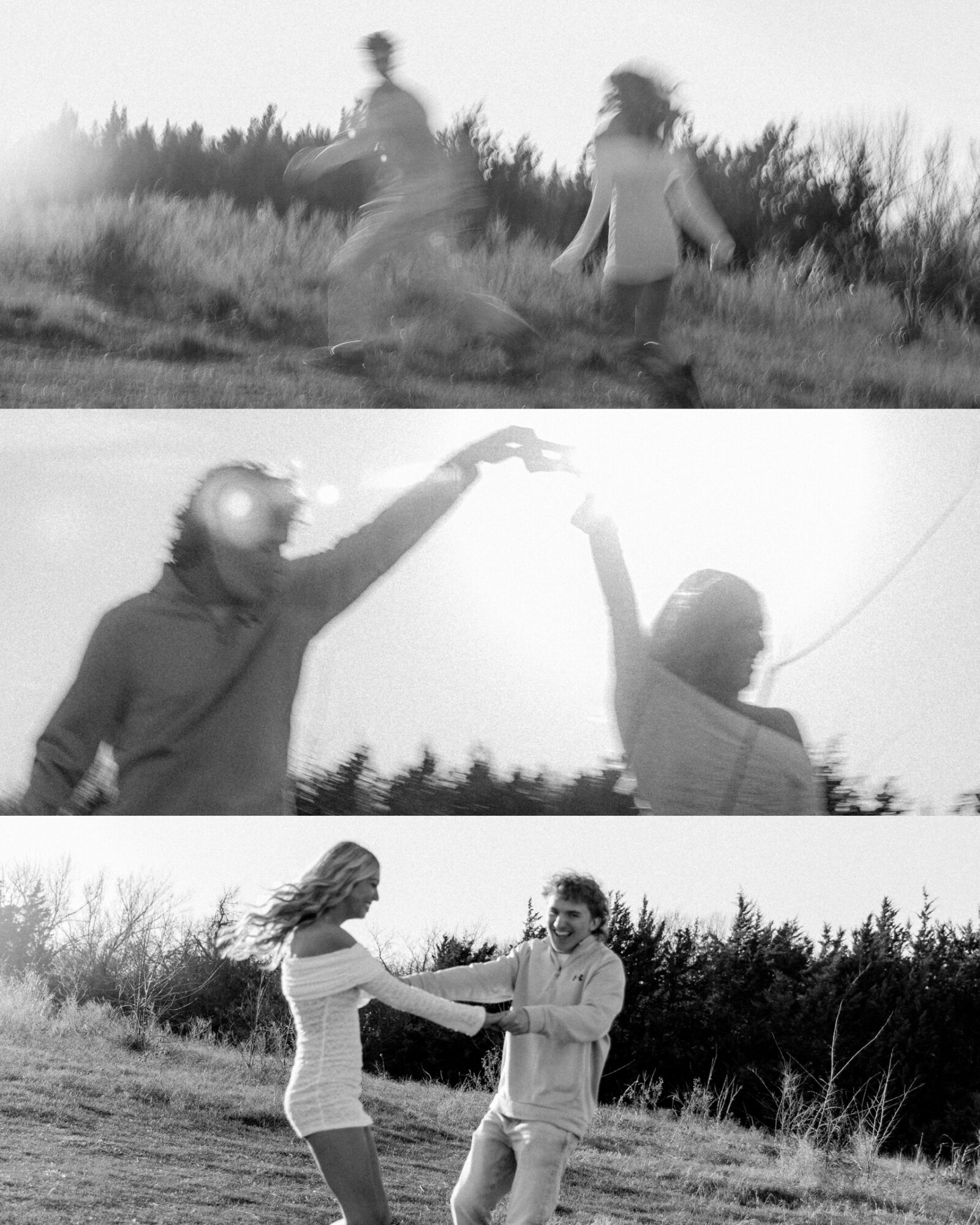 Three scenes with people outdoors, two dancing or playing, one couple holding hands, in a grassy area with trees.