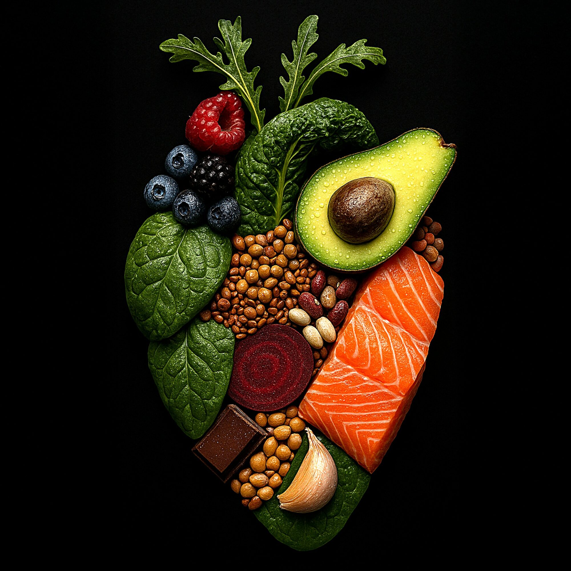 Arrangement of fruits, vegetables, and chocolate on a black background, shaped like a heart.