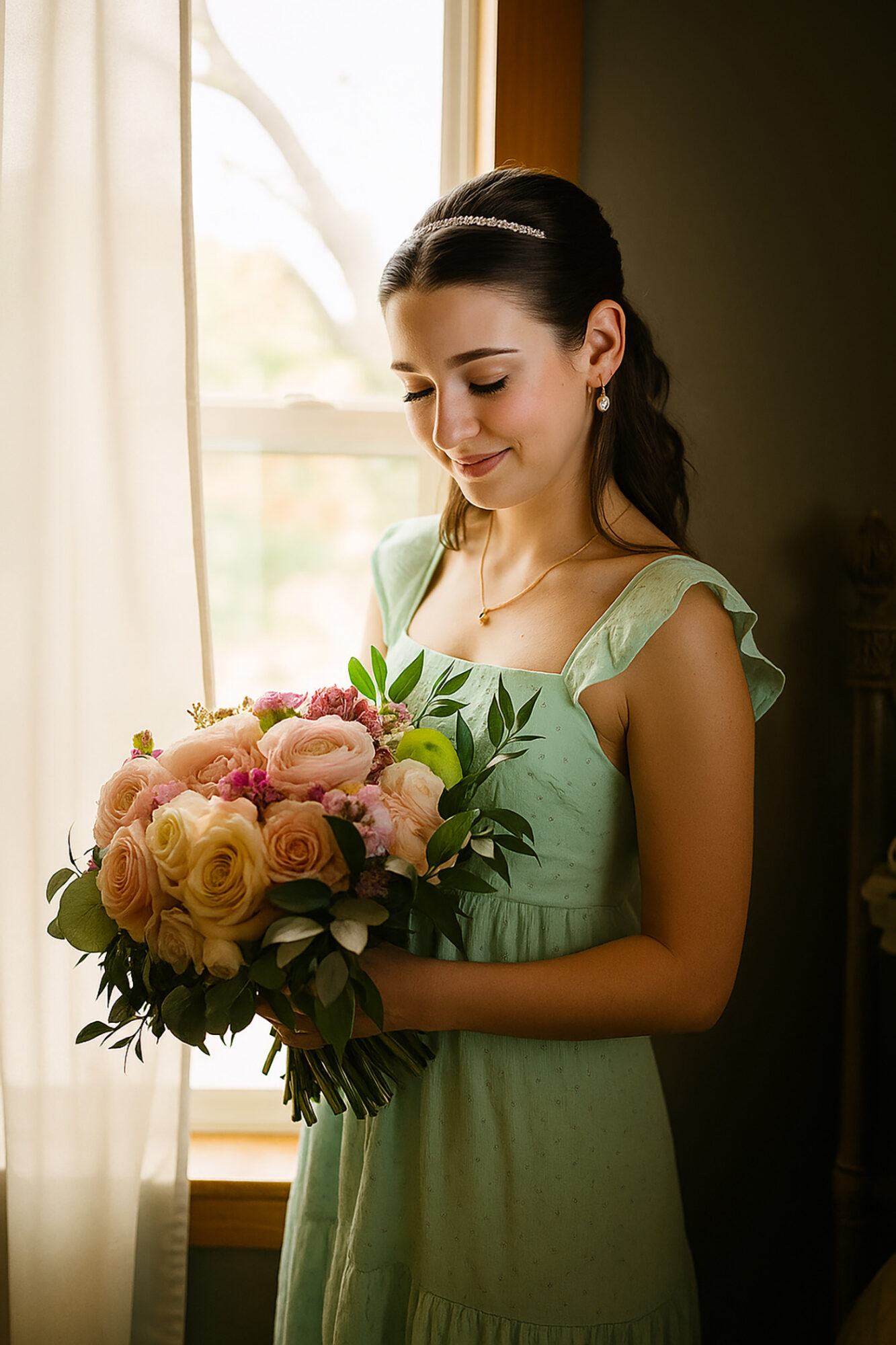 Young woman in green dress holding a bouquet of pink and cream roses, standing near a window with curtains.