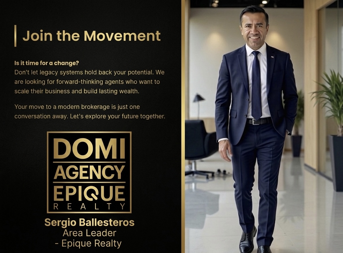 Businessman in suit walking in office corridor, smiling, with promotional text on the left side.
