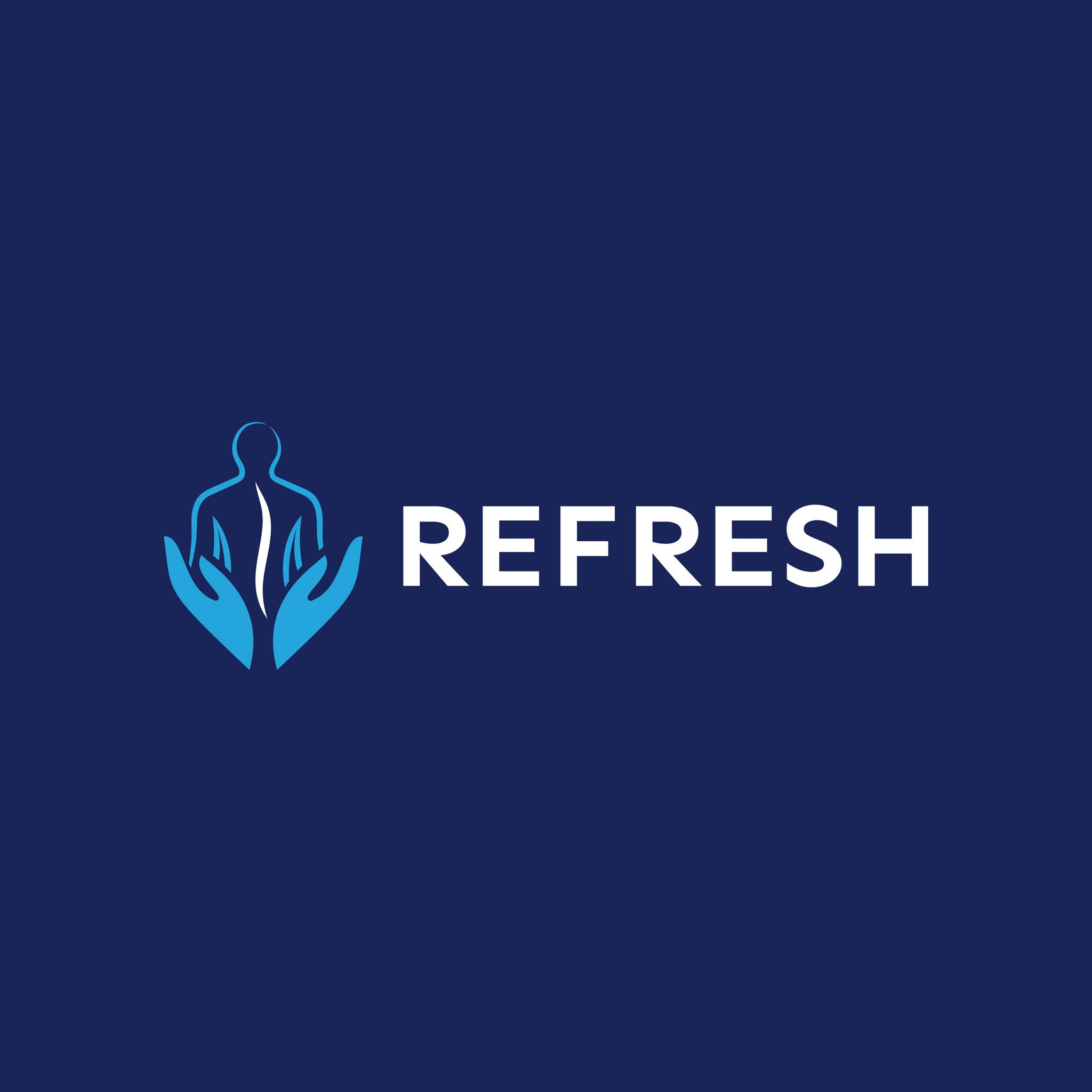 Logo with stylized hands and a figure, and the word REFRESH on a dark blue background.