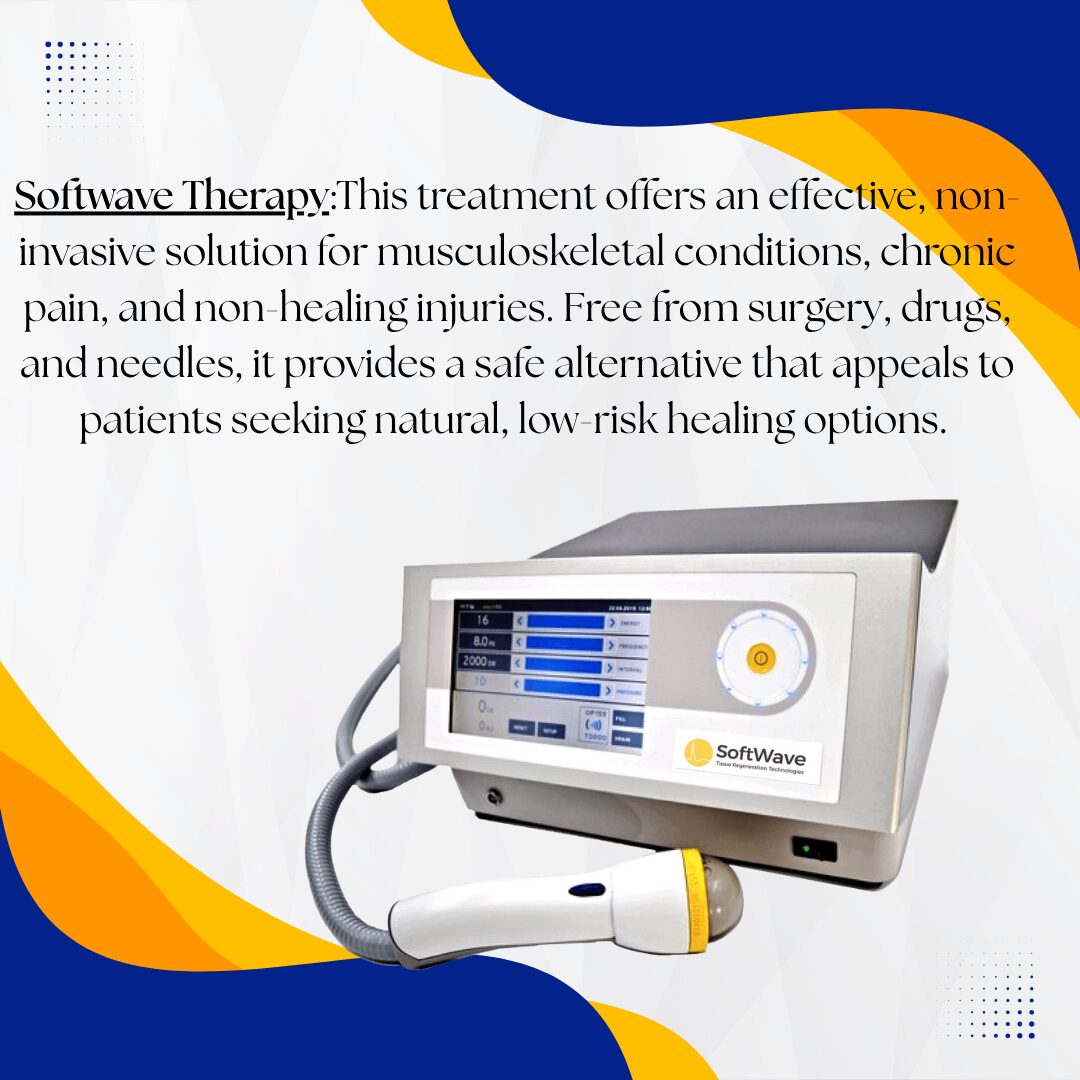Medical device with screen displaying settings, connected to a handheld applicator, on a white background with colorful design elements.