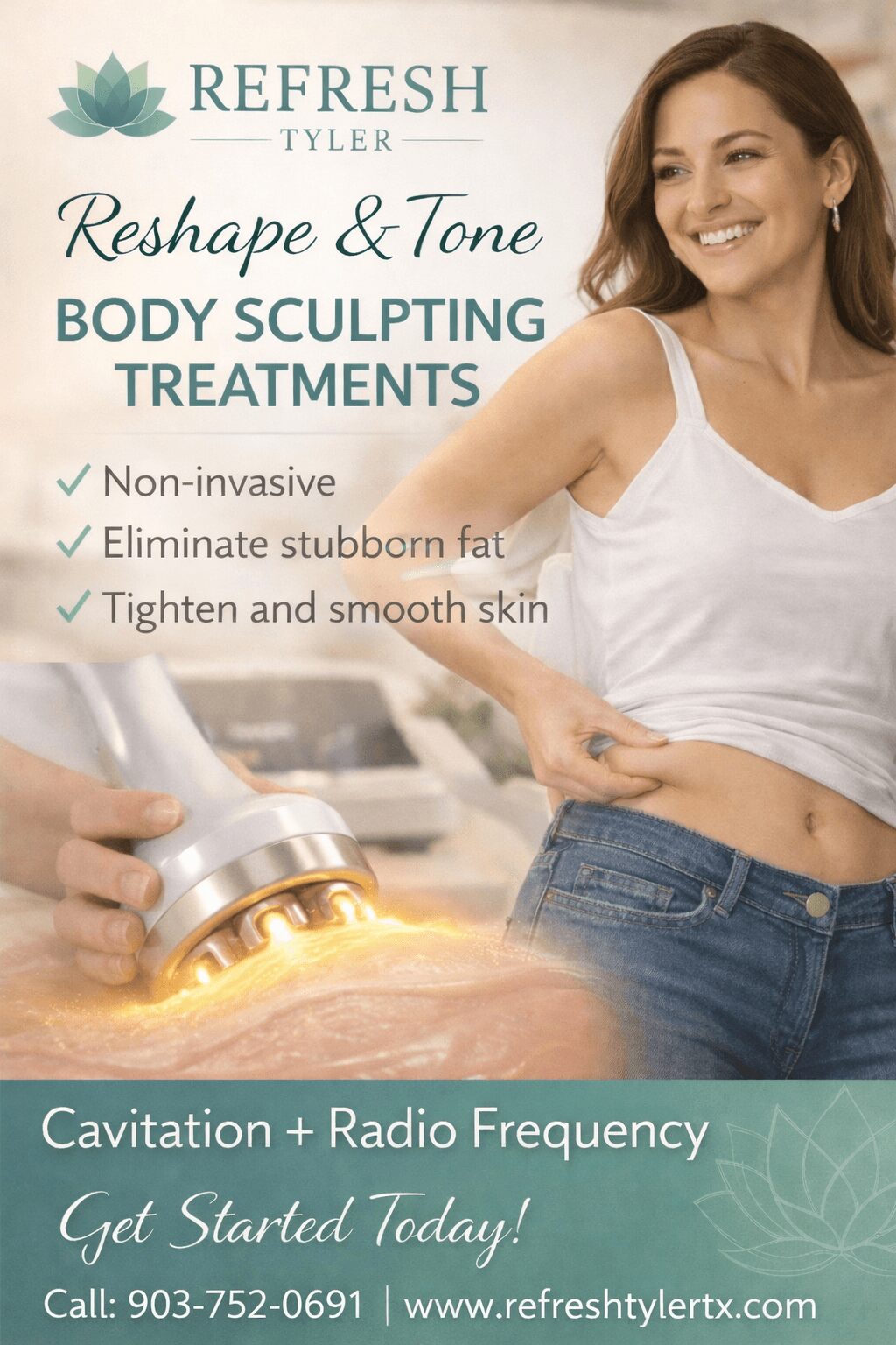 Smiling woman in white top and jeans receiving body treatment with device, in bright room with promotional text.