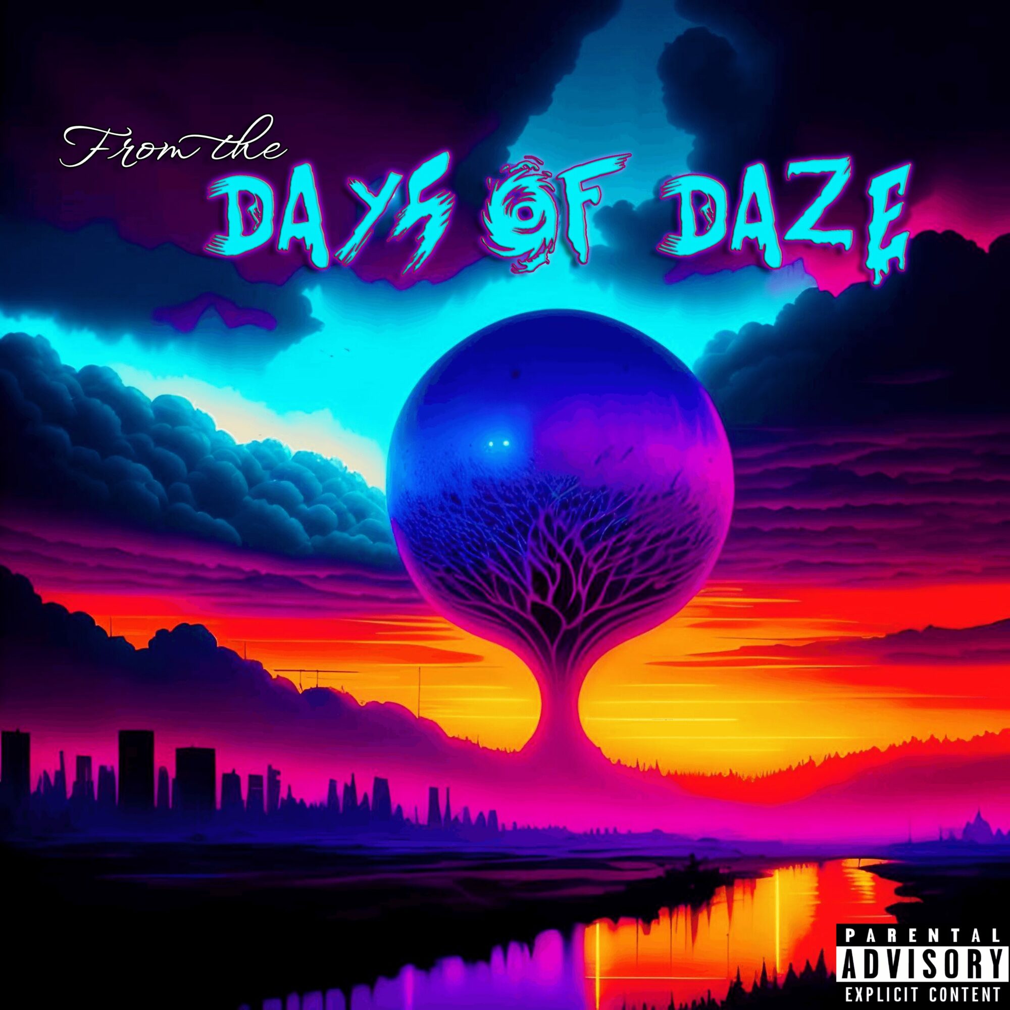Colorful surreal landscape with a large purple sphere, city skyline, and vibrant sky with clouds and sunset hues.