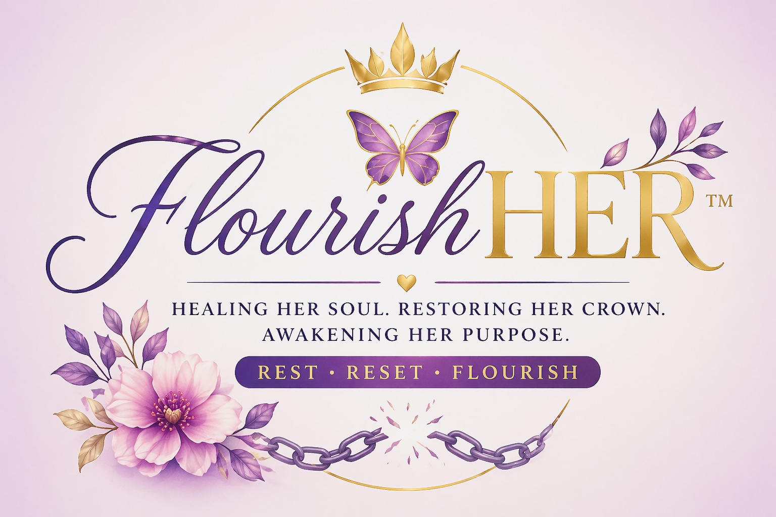Logo with butterfly, flowers, and text about healing and restoring the soul and crown.