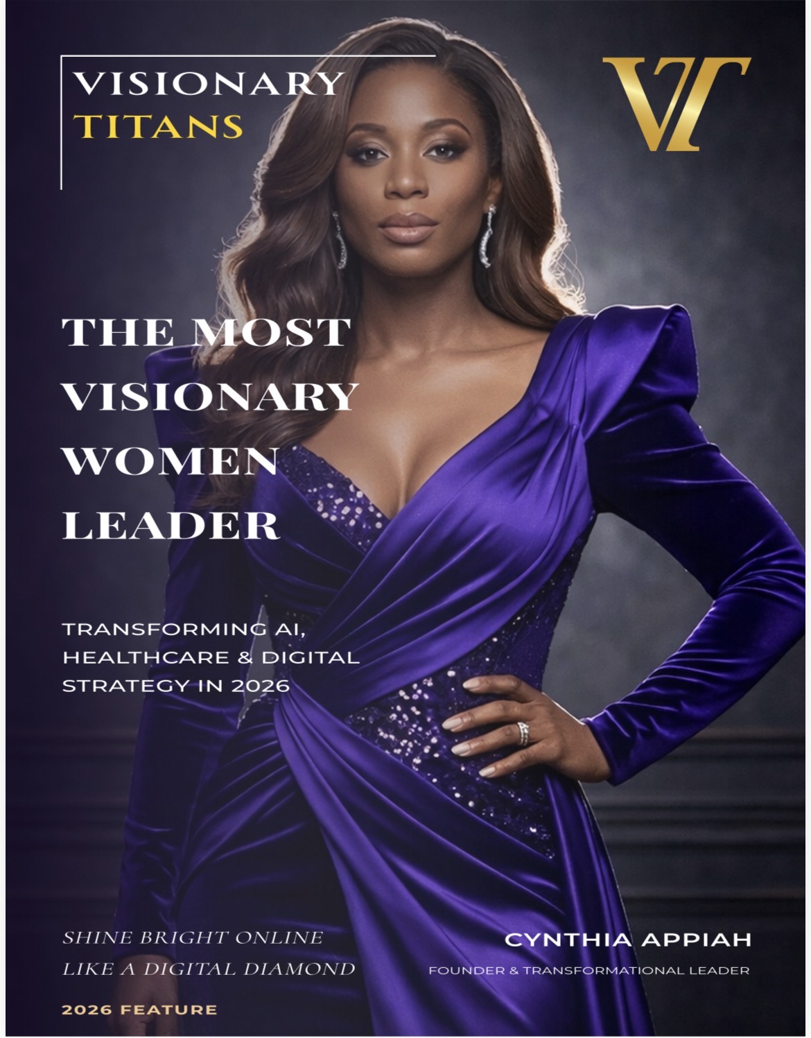 Woman in a purple dress with hand on hip, text about women leader and strategy, logo in top right corner.