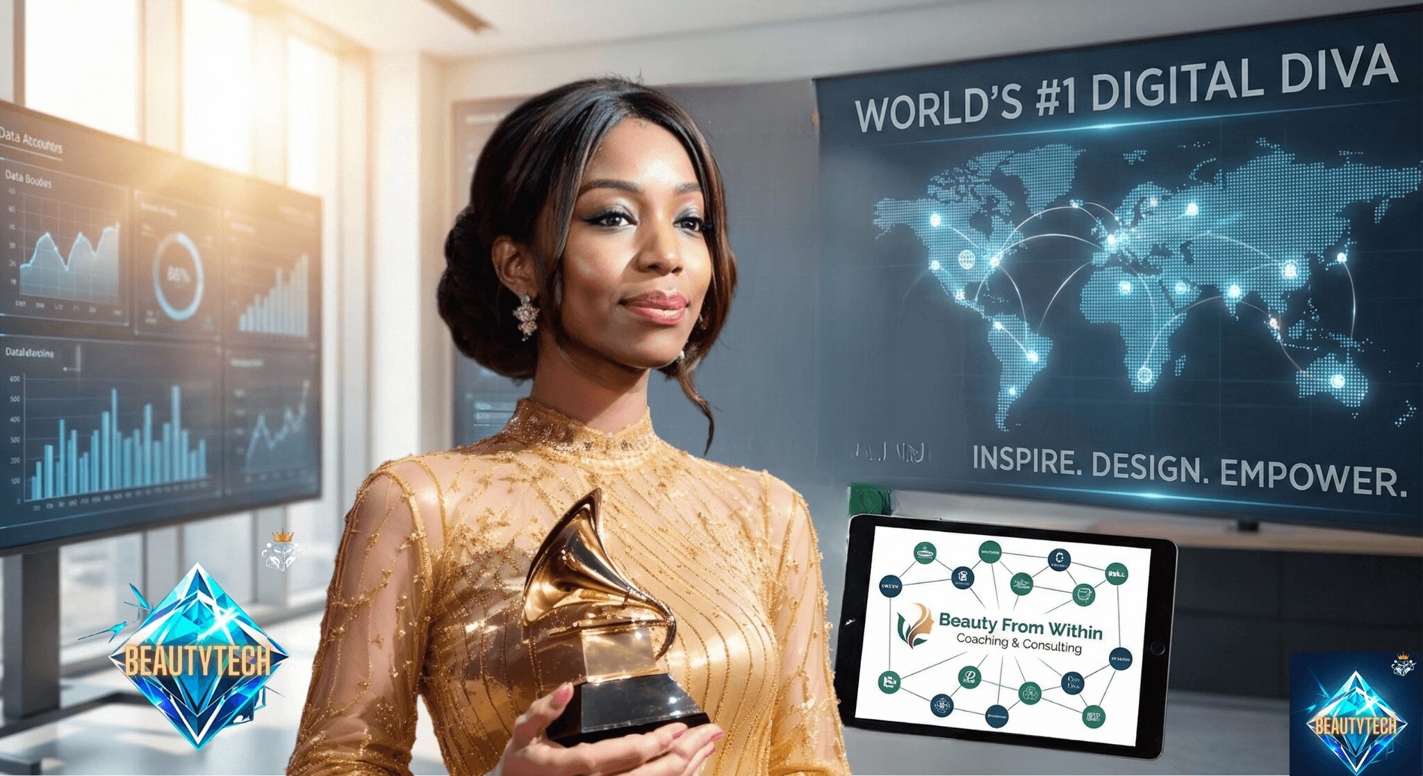 Woman in gold dress holding an award, digital screens and a world map in background, celebrating digital achievement.