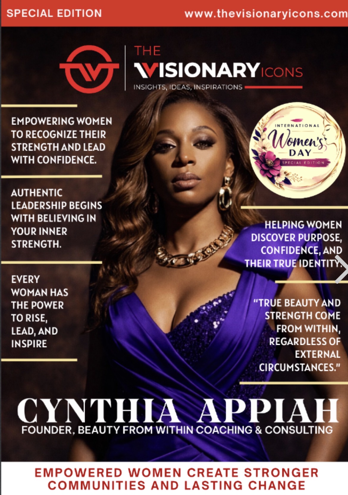 Magazine cover featuring a woman with long hair in a purple dress, text about empowering women and leadership, Women's Day badge.