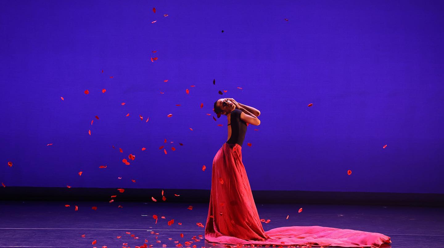 A person in a long red dress stands on stage with a blue background, surrounded by falling red petals.