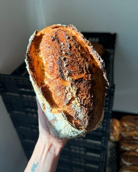 Hand holding a sliced loaf of bread with a dark, textured interior and a crusty exterior.