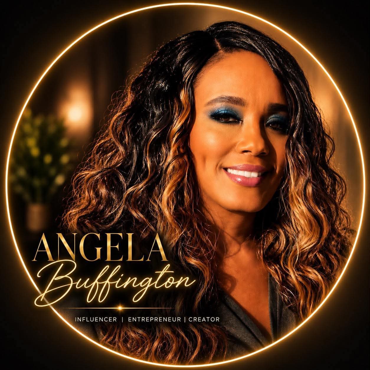 Portrait of Angela Buffington with curly hair, glowing circle, and text with her name and titles.