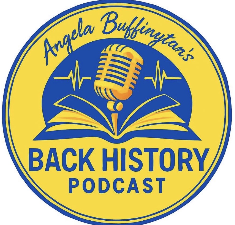 Logo with yellow background, blue text, open book, microphone, and heartbeat lines, for Angela Buffinytan's Back History Podcast.