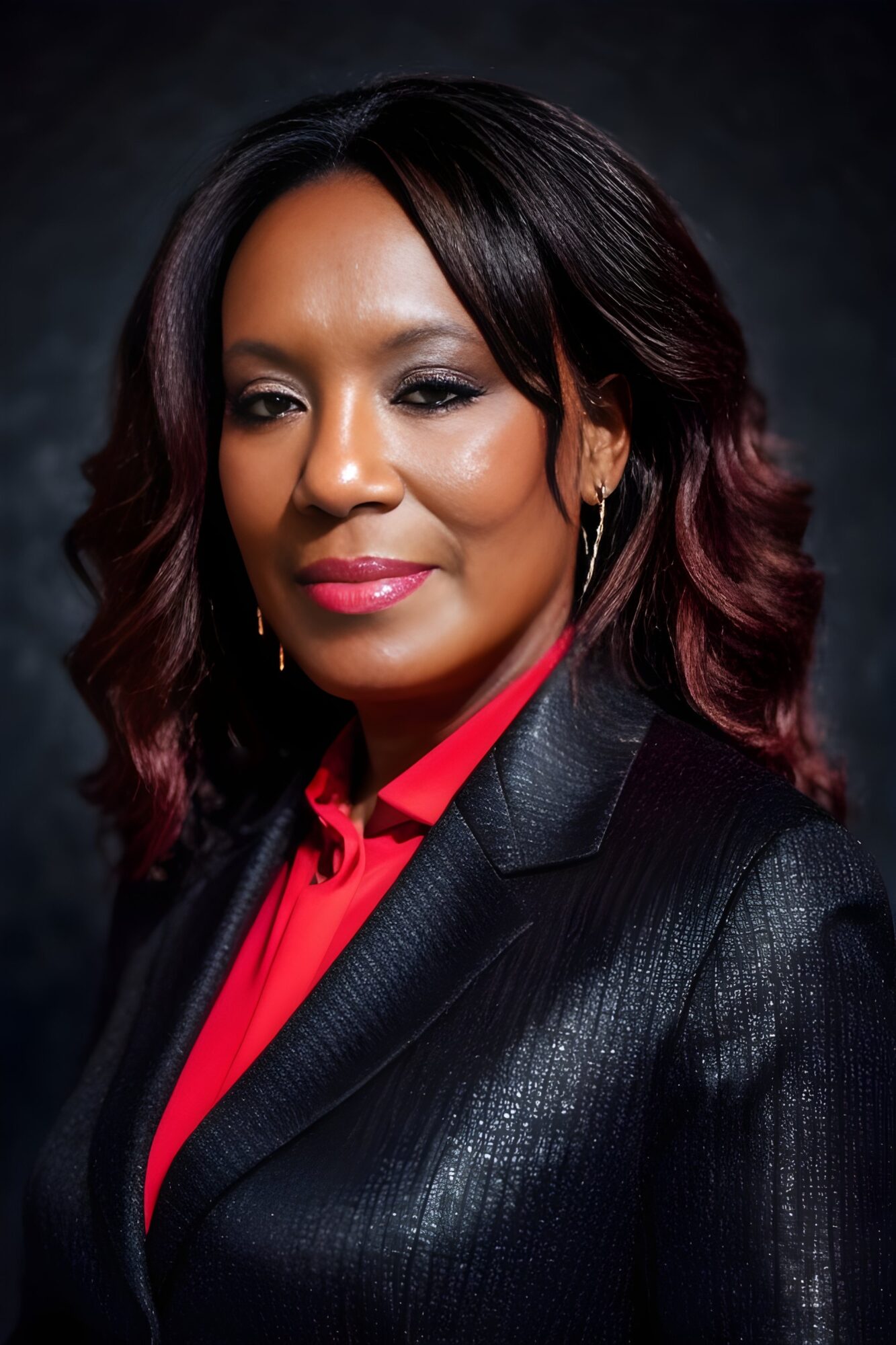 Portrait of a woman with shoulder-length wavy hair, wearing a black blazer and red blouse, against a dark background.
