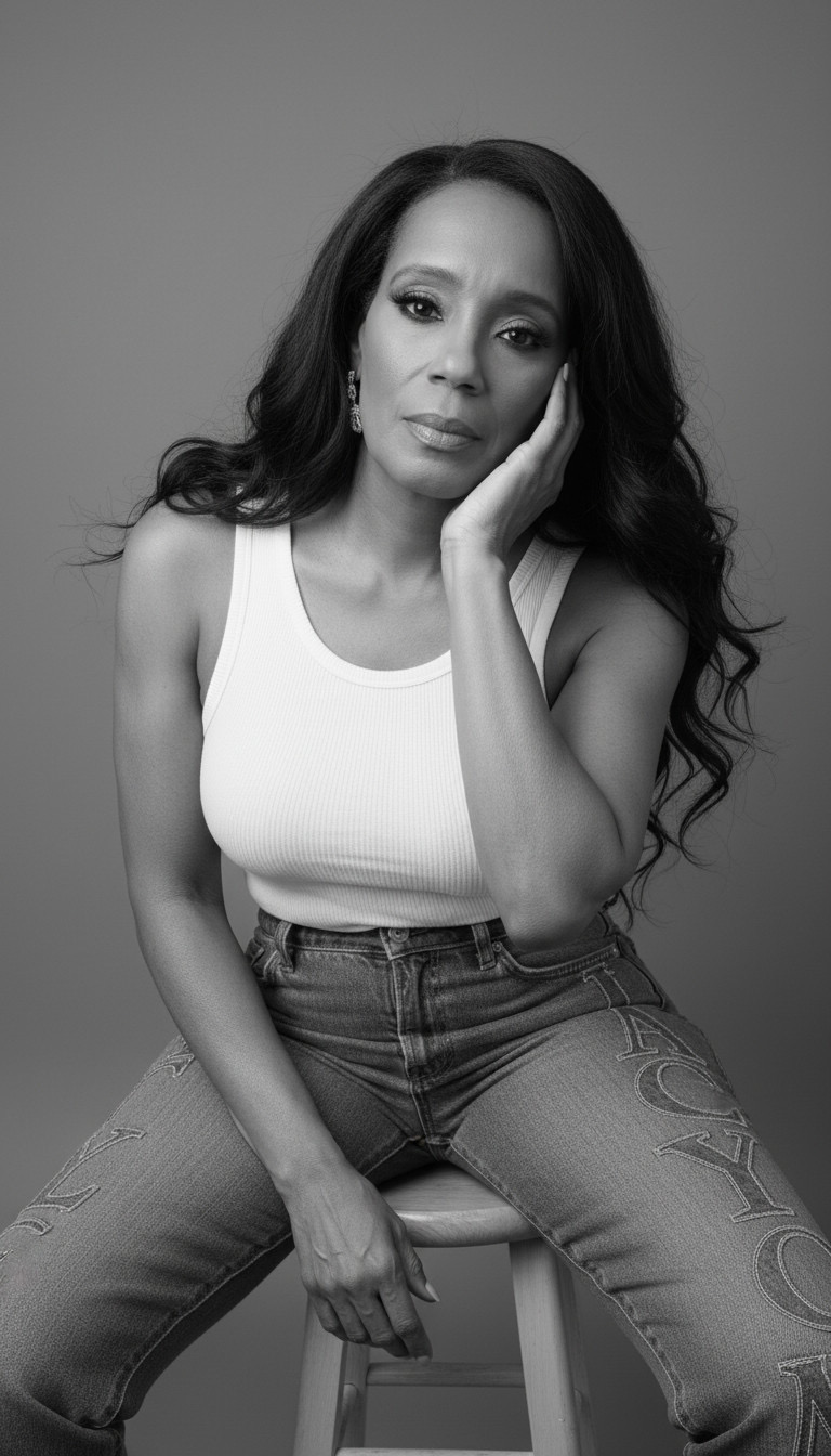 Woman with long wavy hair wearing a sleeveless top and jeans, sitting with her hand on her face, looking at the camera.