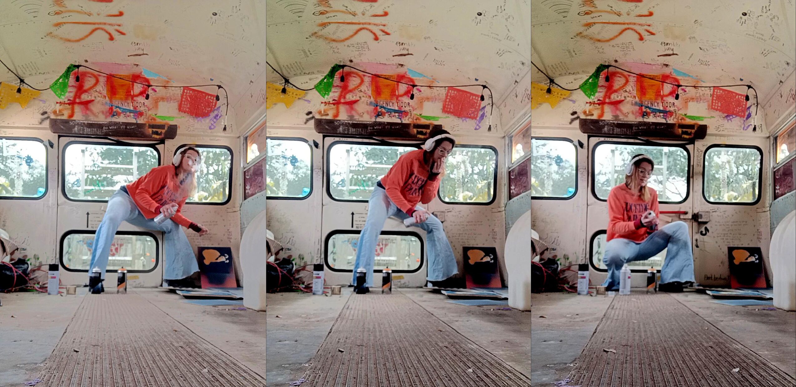 Person sitting and leaning inside a vehicle, with graffiti on the wall behind, in three different poses.